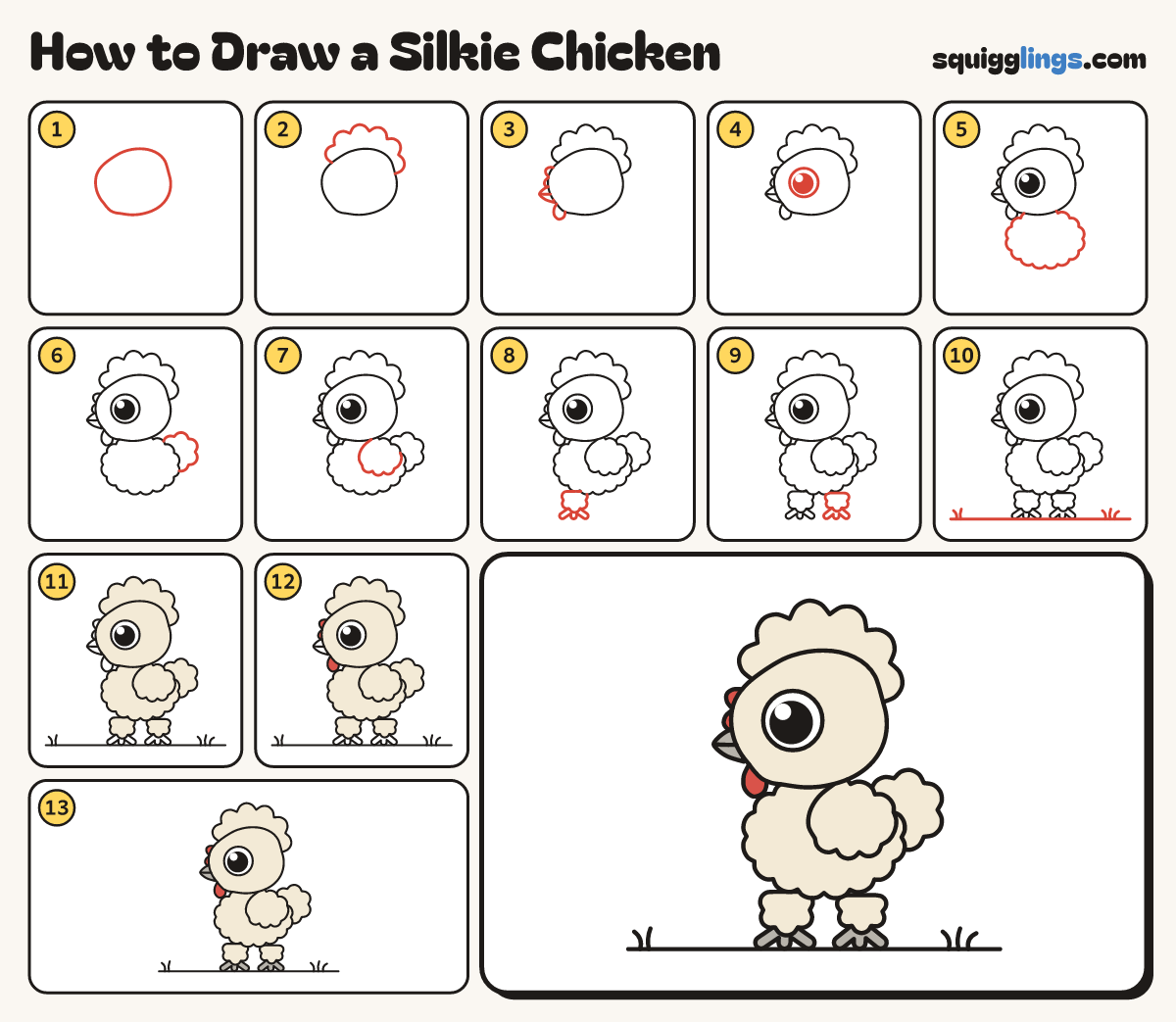 How to Draw a Silkie Chicken step by step: all 13 steps in one picture