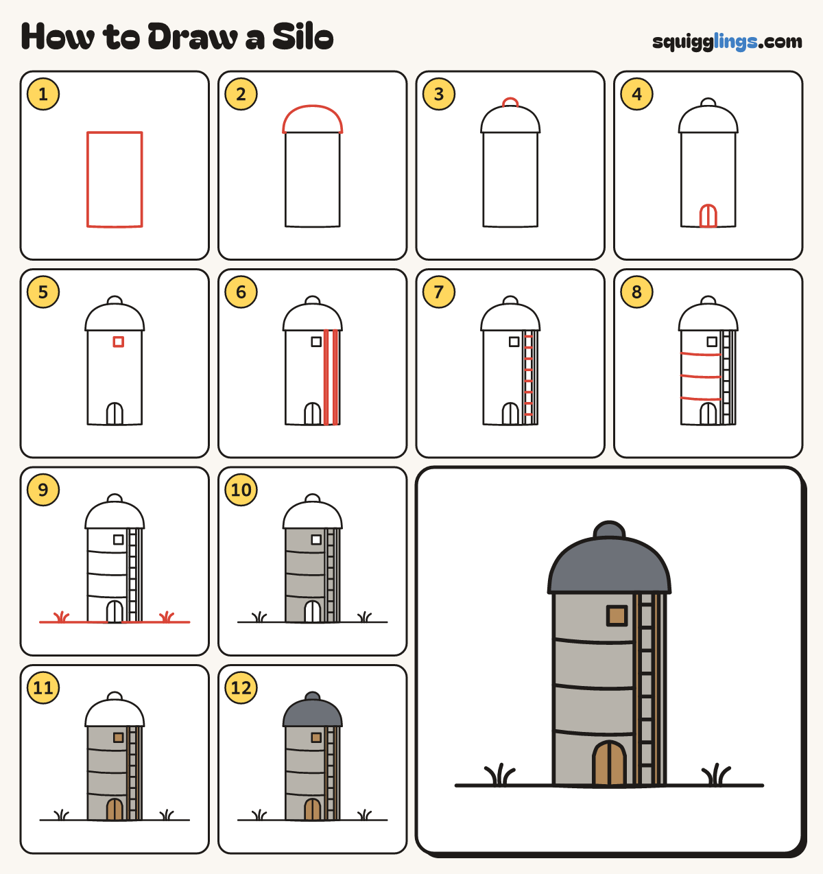 How to Draw a Silo step by step: all 12 steps in one picture