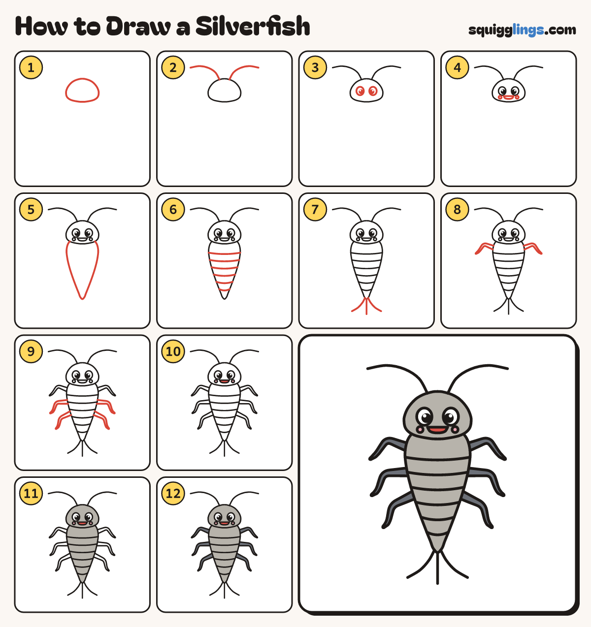 How to Draw a Silverfish step by step: all 12 steps in one picture