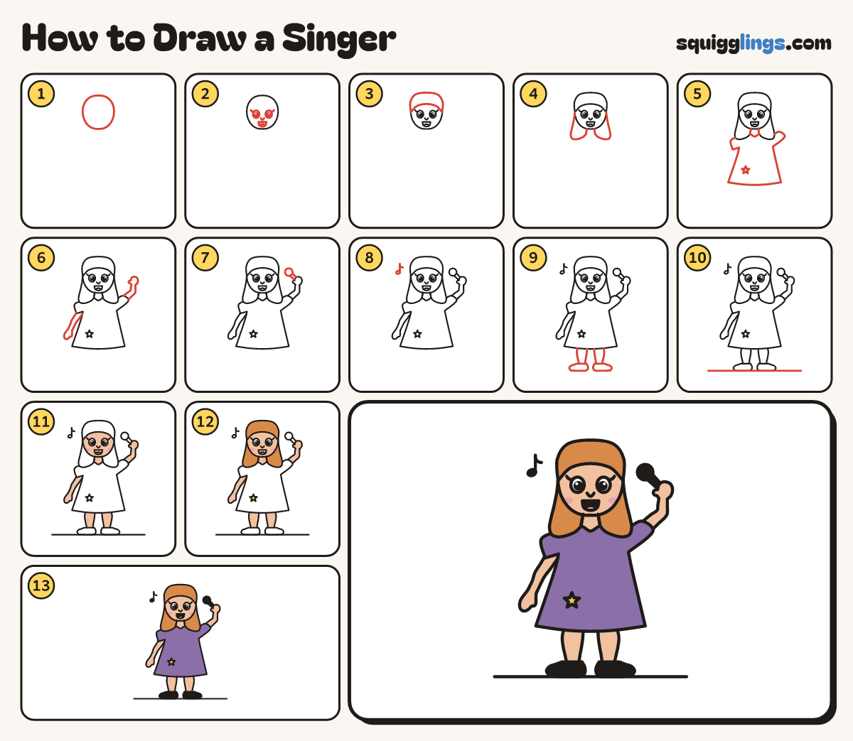 How to Draw a Singer step by step: all 13 steps in one picture