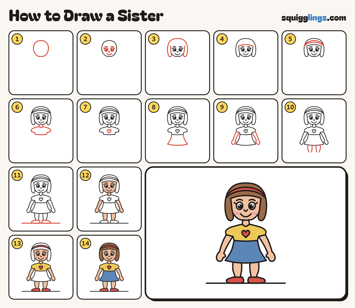 How to Draw a Sister step by step: all 14 steps in one picture