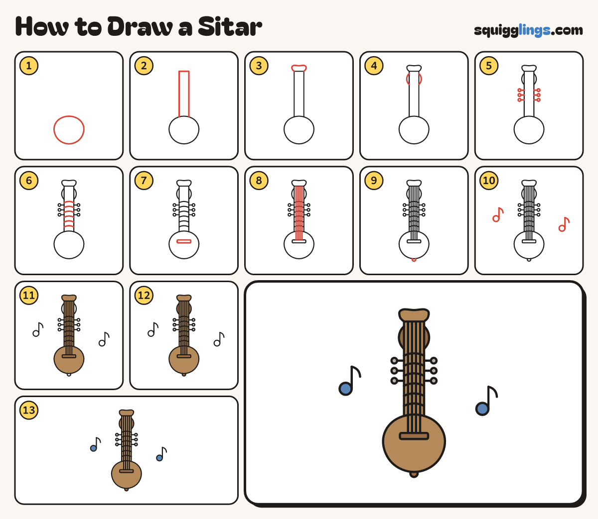 How to Draw a Sitar step by step: all 13 steps in one picture