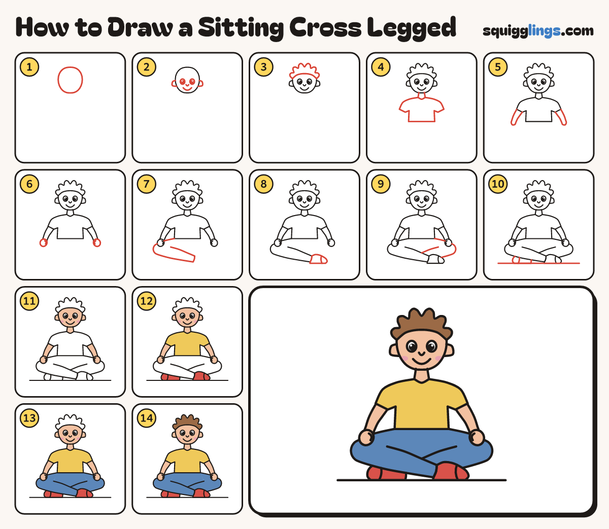How to Draw a Sitting Cross Legged step by step: all 14 steps in one picture