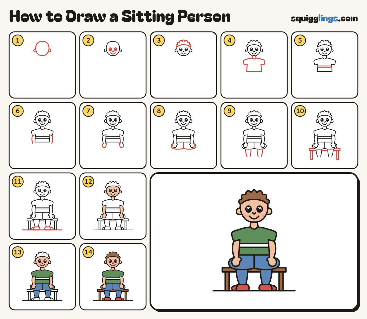 How to Draw a Sitting Person step by step: all 14 steps in one picture