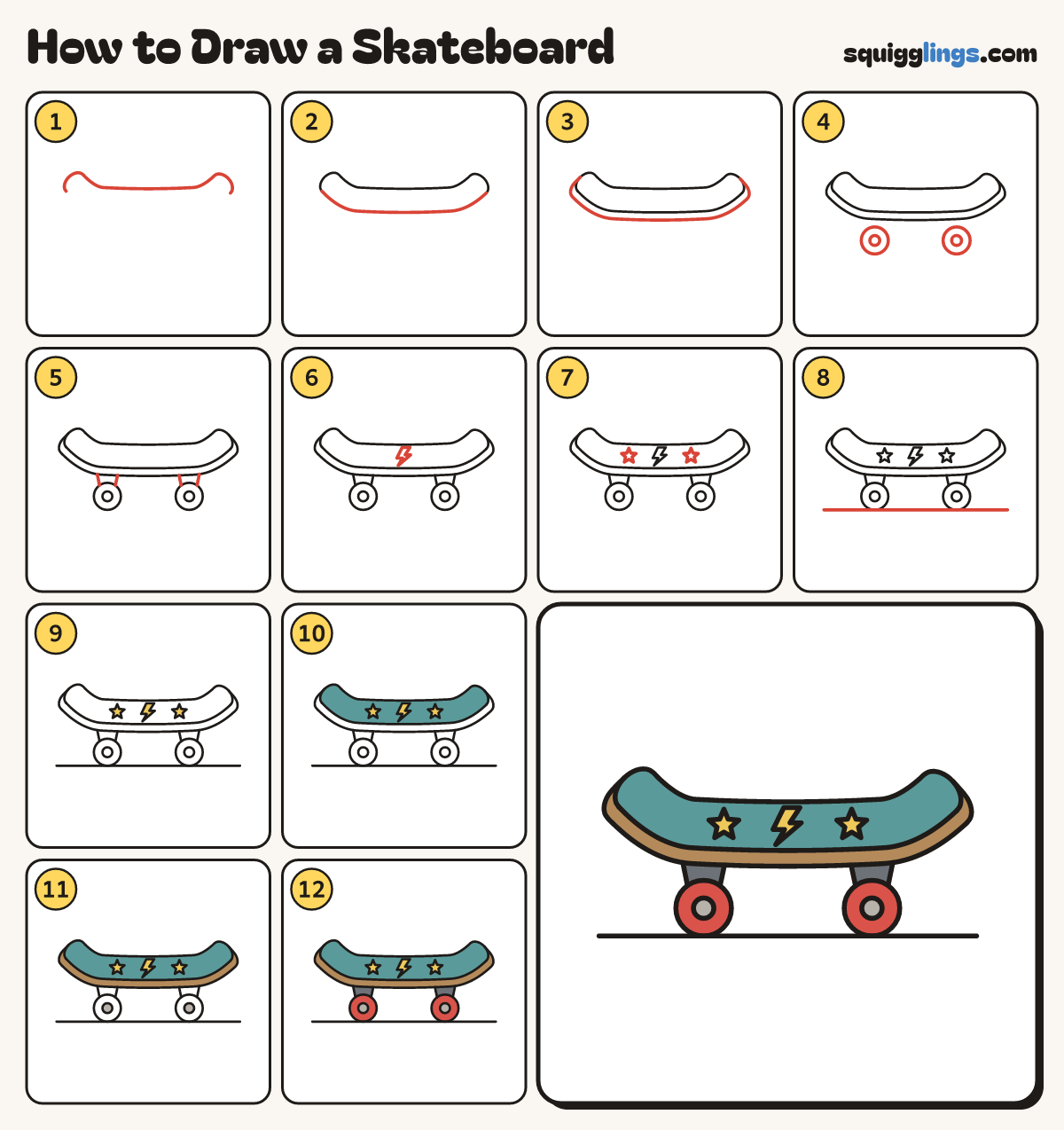 How to Draw a Skateboard step by step: all 12 steps in one picture