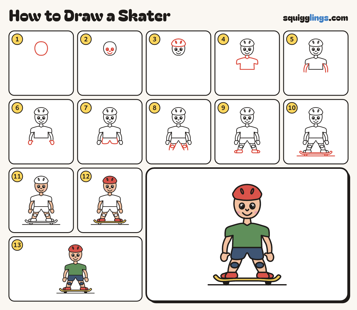 How to Draw a Skater step by step: all 13 steps in one picture