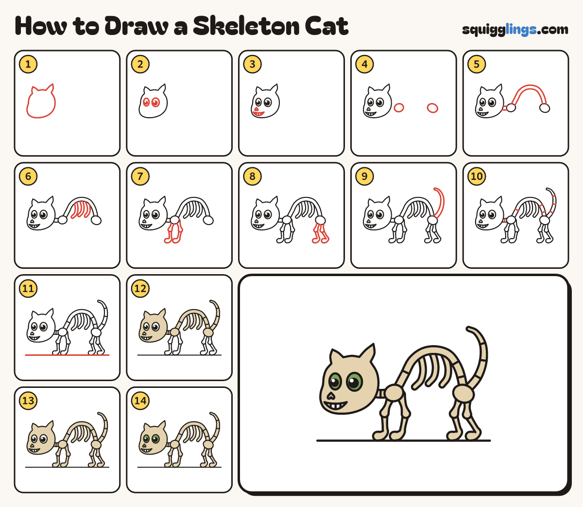 How to Draw a Skeleton Cat step by step: all 14 steps in one picture