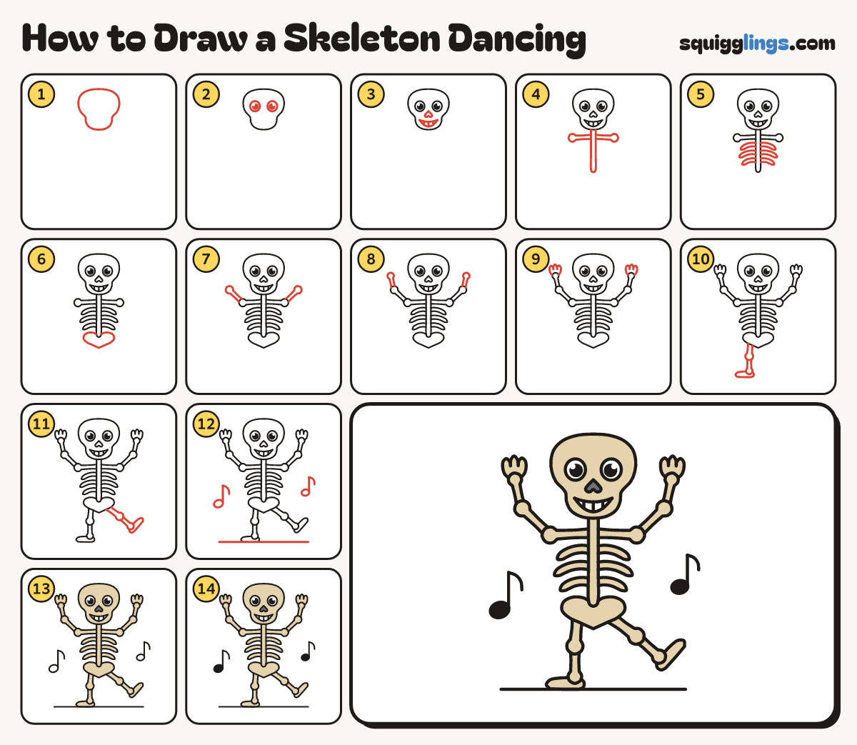 How to Draw a Skeleton Dancing step by step: all 14 steps in one picture