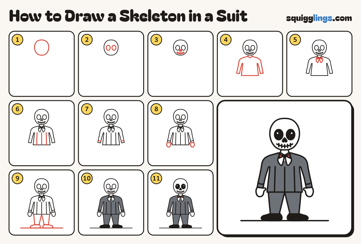 How to Draw a Skeleton in a Suit step by step: all 11 steps in one picture