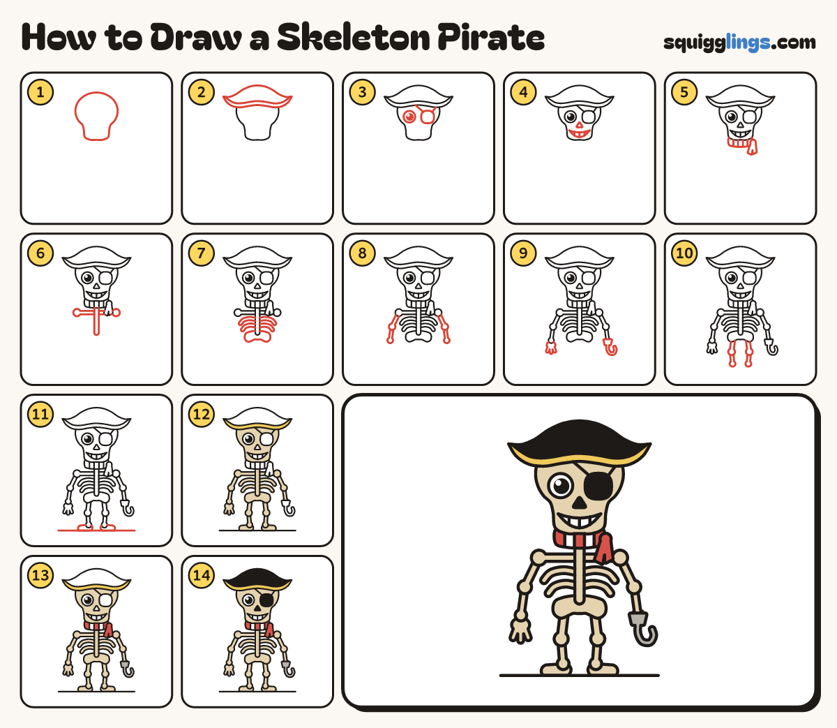 How to Draw a Skeleton Pirate step by step: all 14 steps in one picture