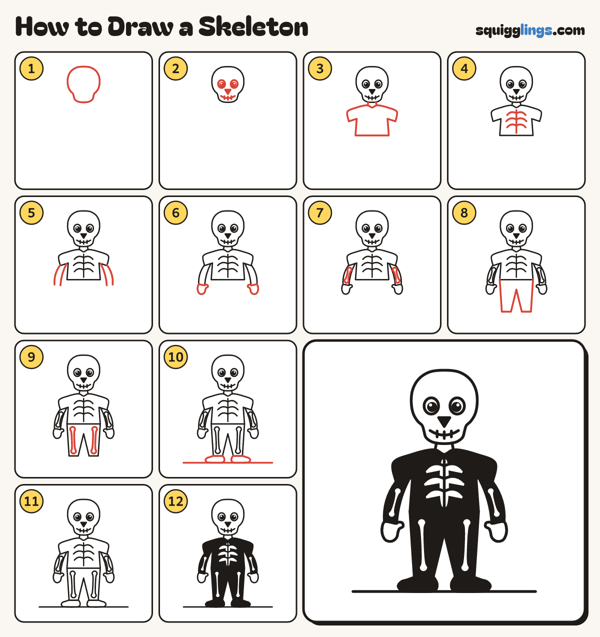 How to Draw a Skeleton step by step: all 12 steps in one picture