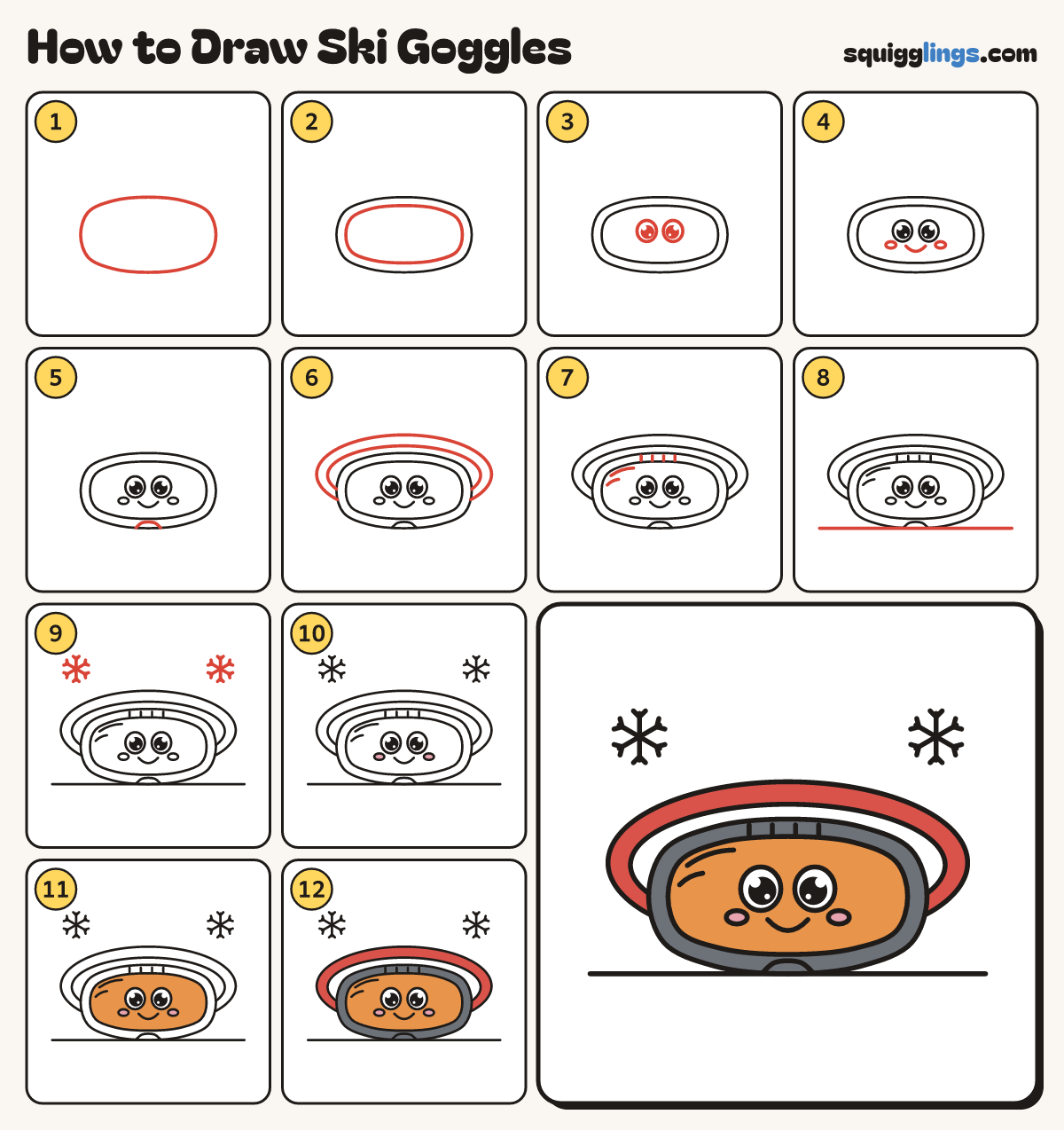 How to Draw Ski Goggles step by step: all 12 steps in one picture