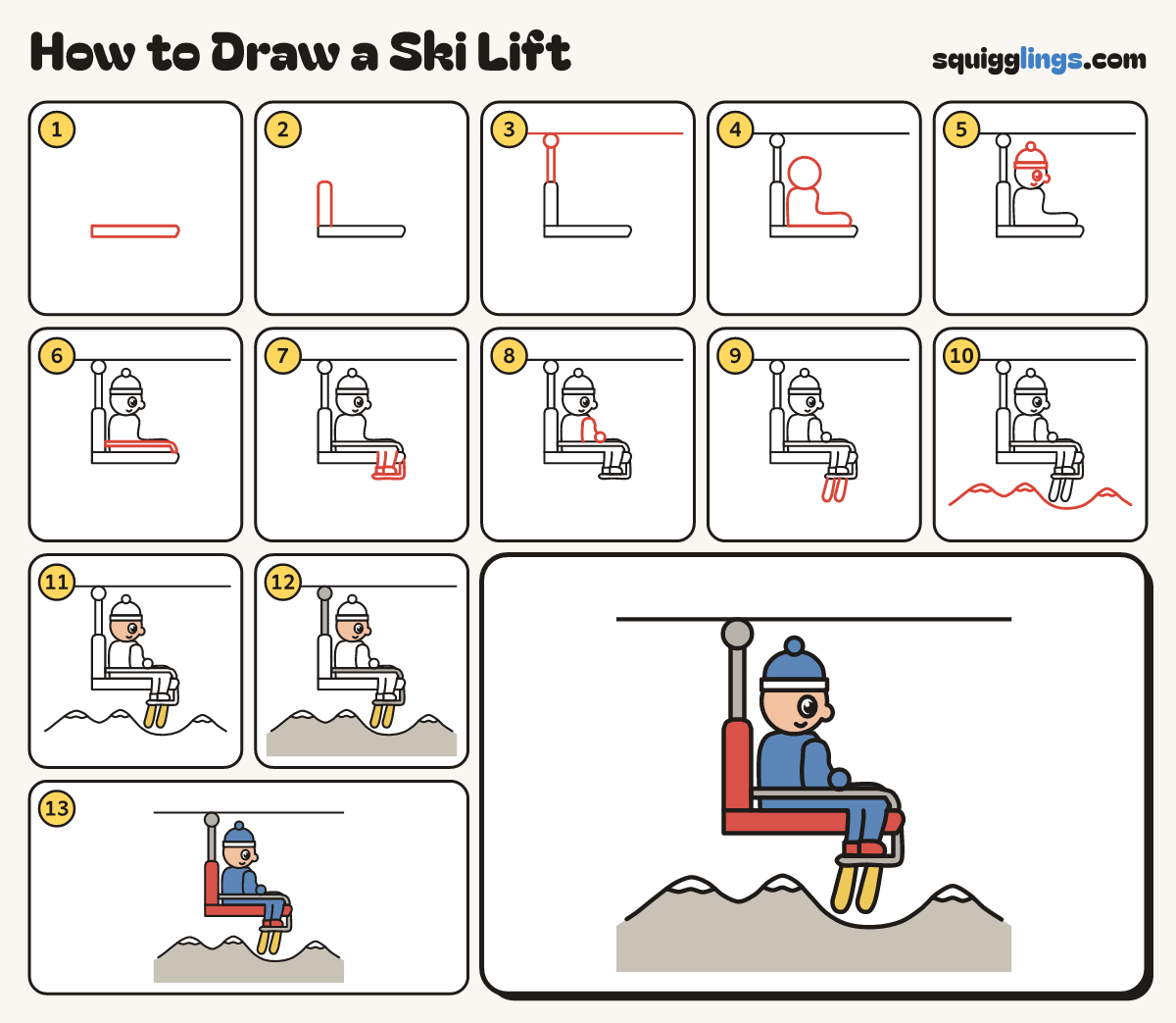 How to Draw a Ski Lift step by step: all 13 steps in one picture