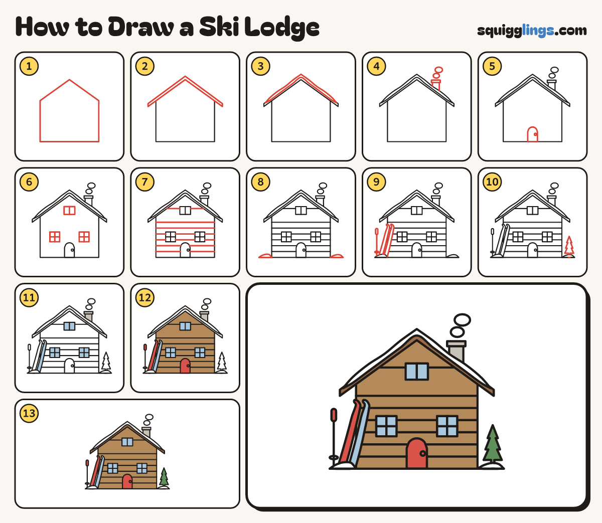 How to Draw a Ski Lodge step by step: all 13 steps in one picture