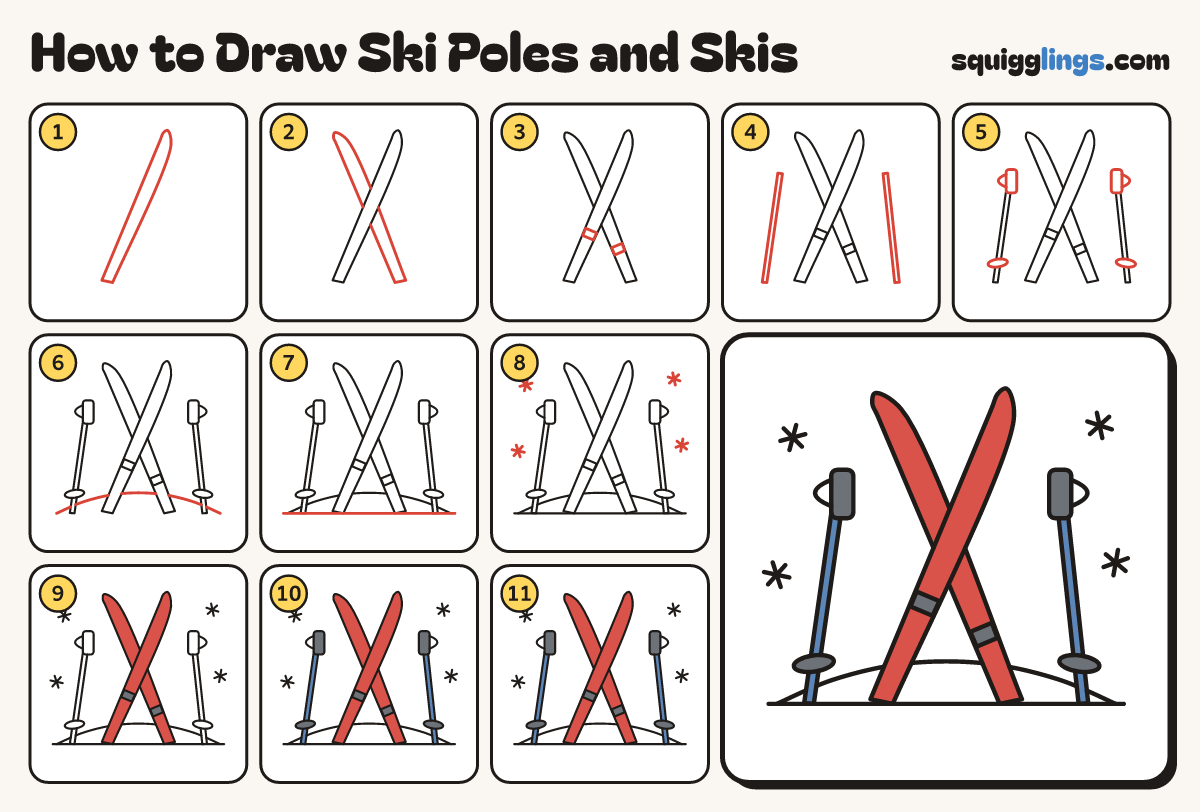 How to Draw Ski Poles and Skis step by step: all 11 steps in one picture