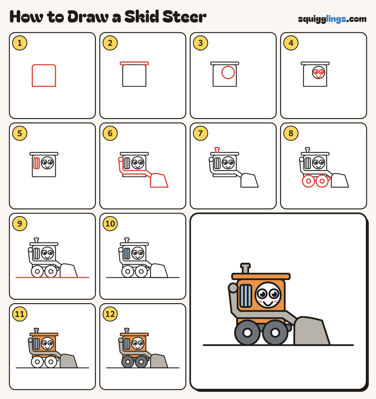How to Draw a Skid Steer step by step: all 12 steps in one picture