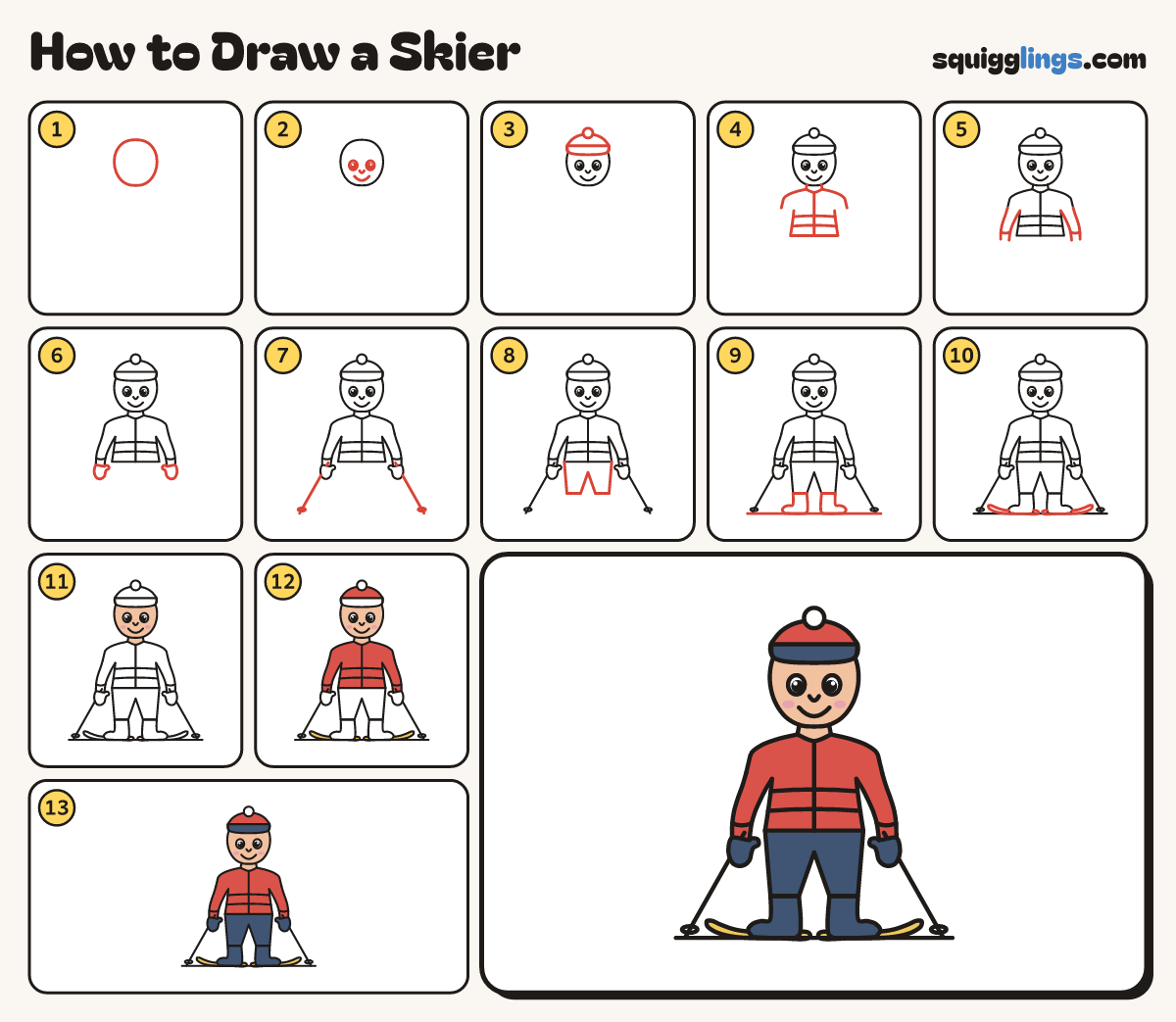 How to Draw a Skier step by step: all 13 steps in one picture