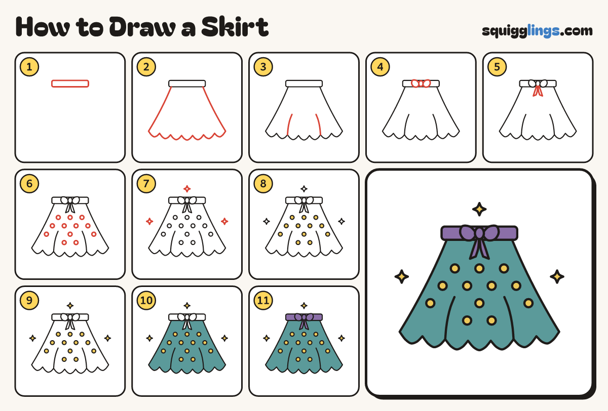 How to Draw a Skirt step by step: all 11 steps in one picture