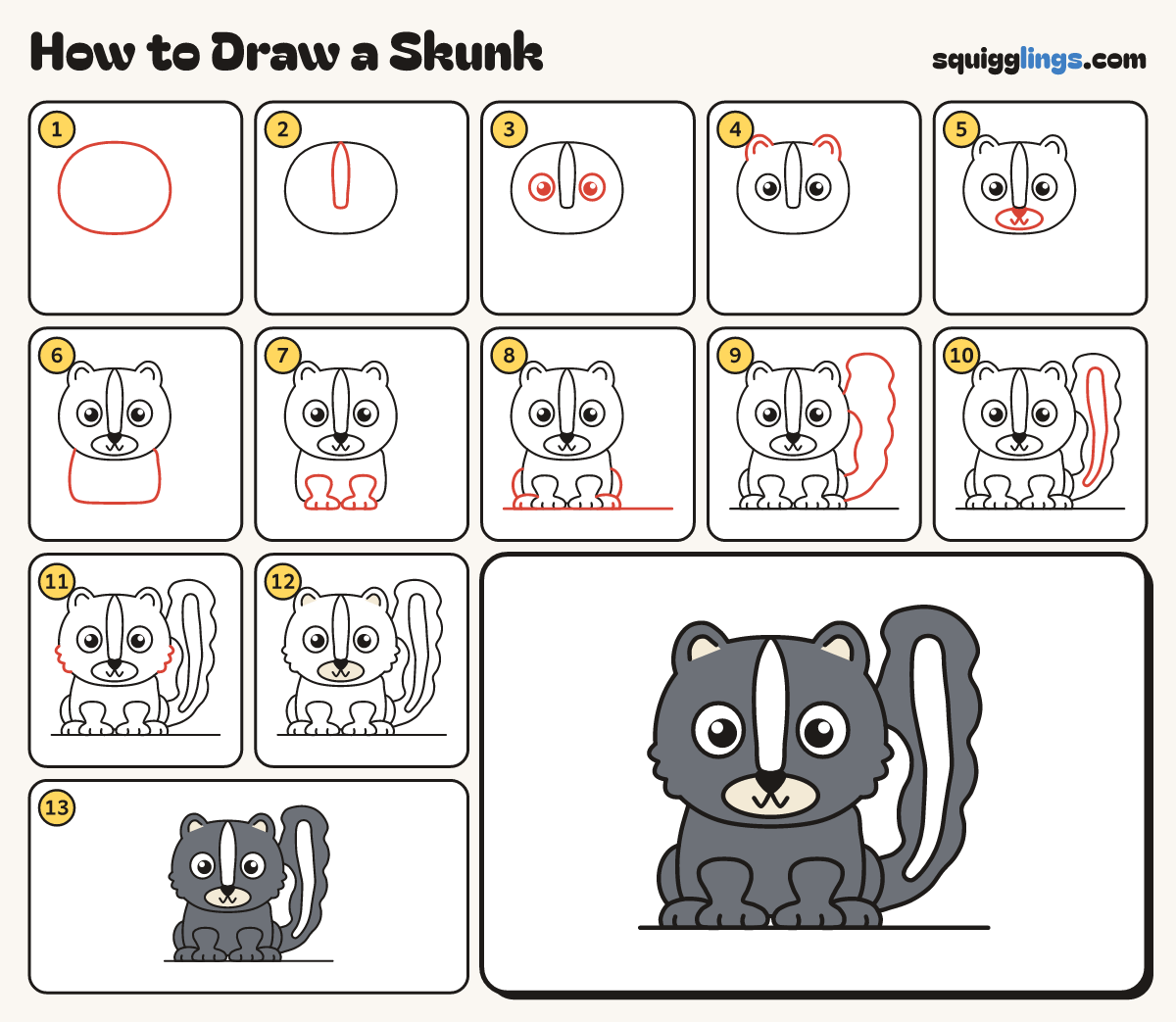 How to Draw a Skunk step by step: all 13 steps in one picture