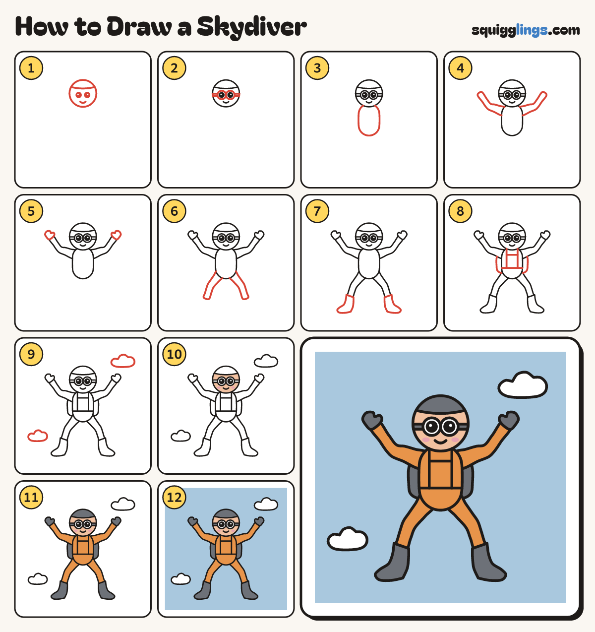 How to Draw a Skydiver step by step: all 12 steps in one picture