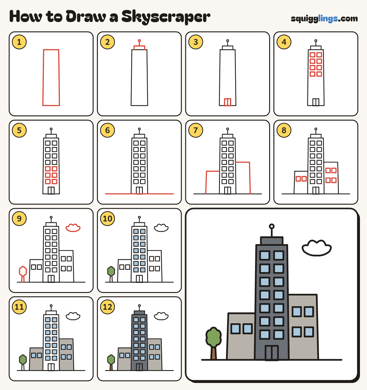 How to Draw a Skyscraper step by step: all 12 steps in one picture