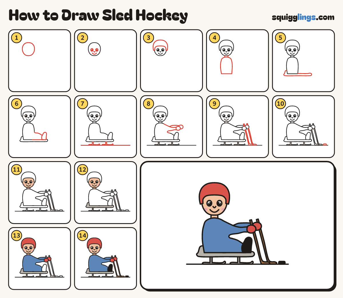 How to Draw Sled Hockey step by step: all 14 steps in one picture