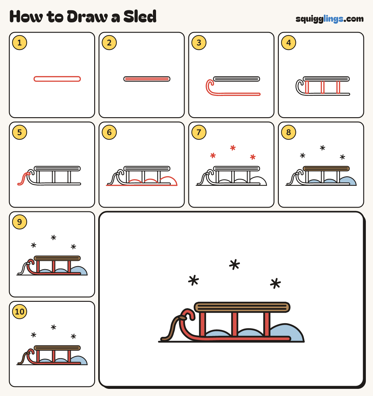 How to Draw a Sled step by step: all 10 steps in one picture