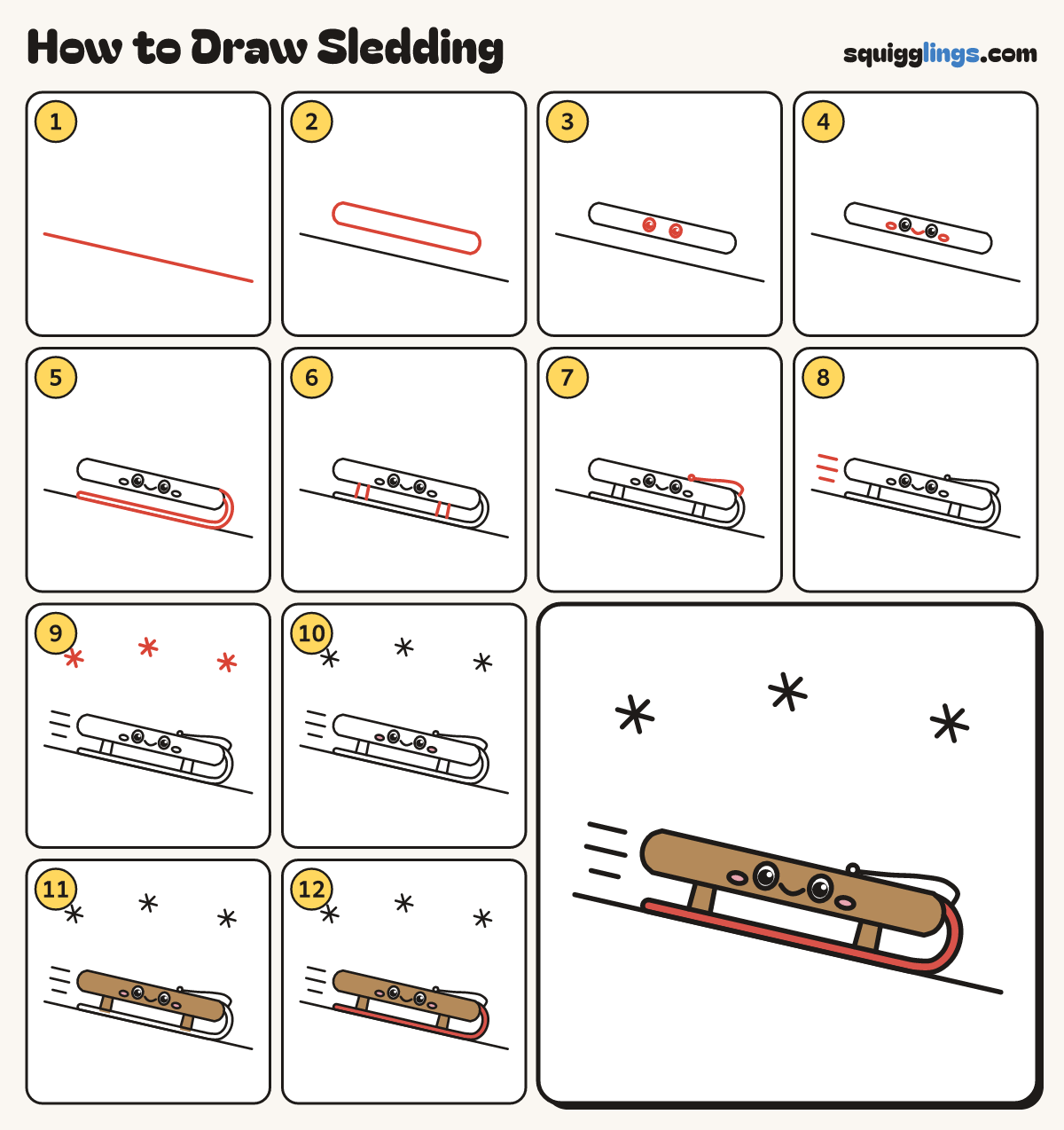 How to Draw Sledding step by step: all 12 steps in one picture