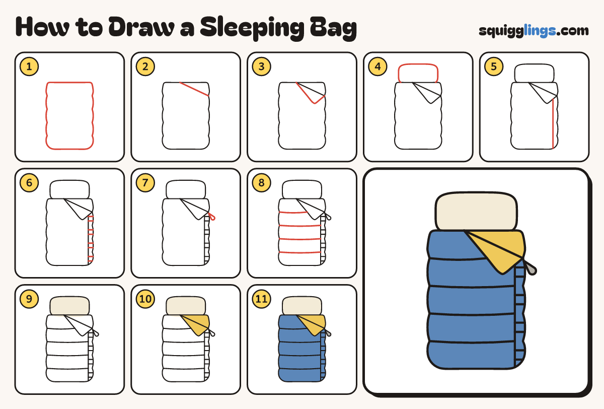 How to Draw a Sleeping Bag step by step: all 11 steps in one picture