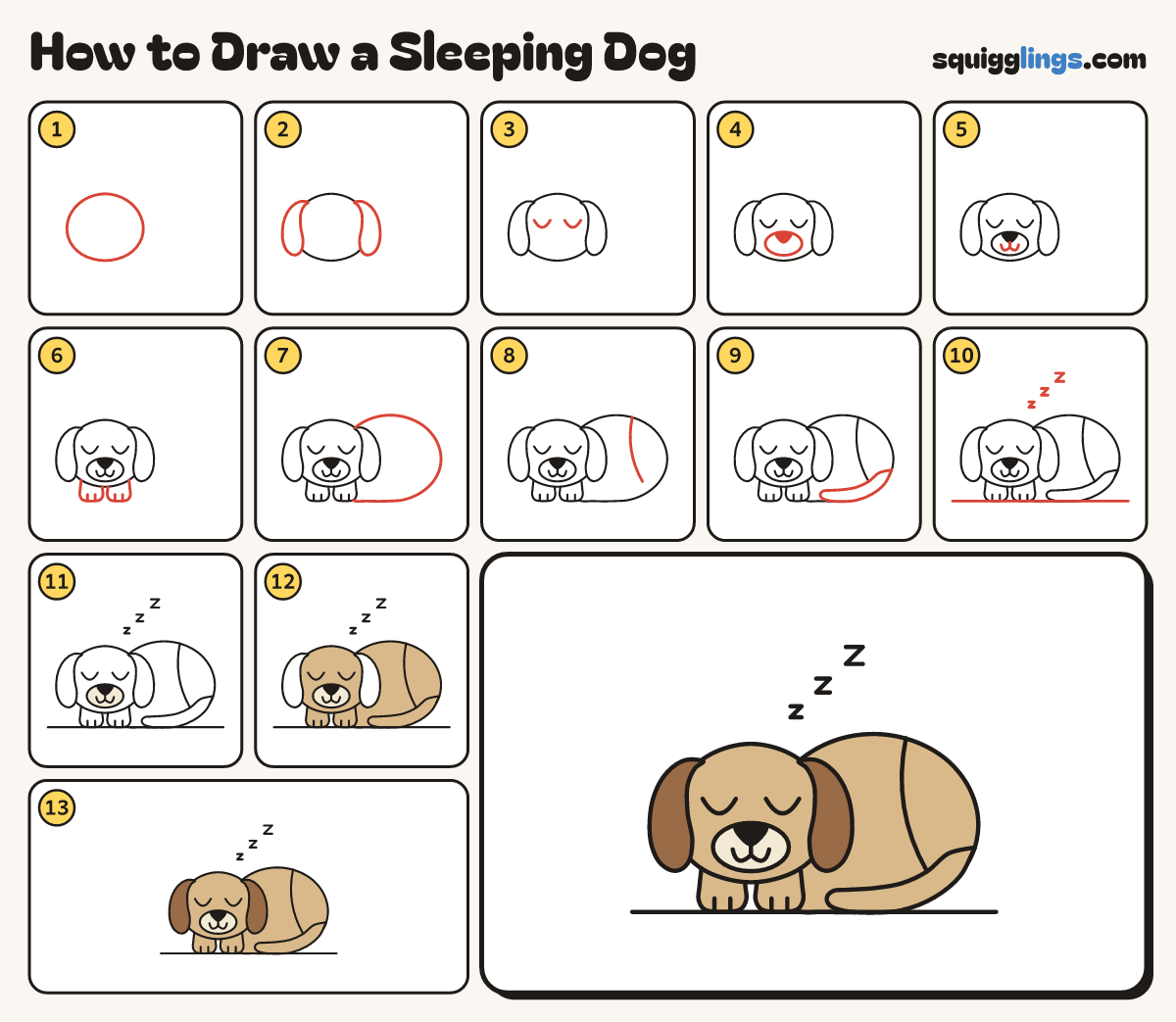 How to Draw a Sleeping Dog step by step: all 13 steps in one picture