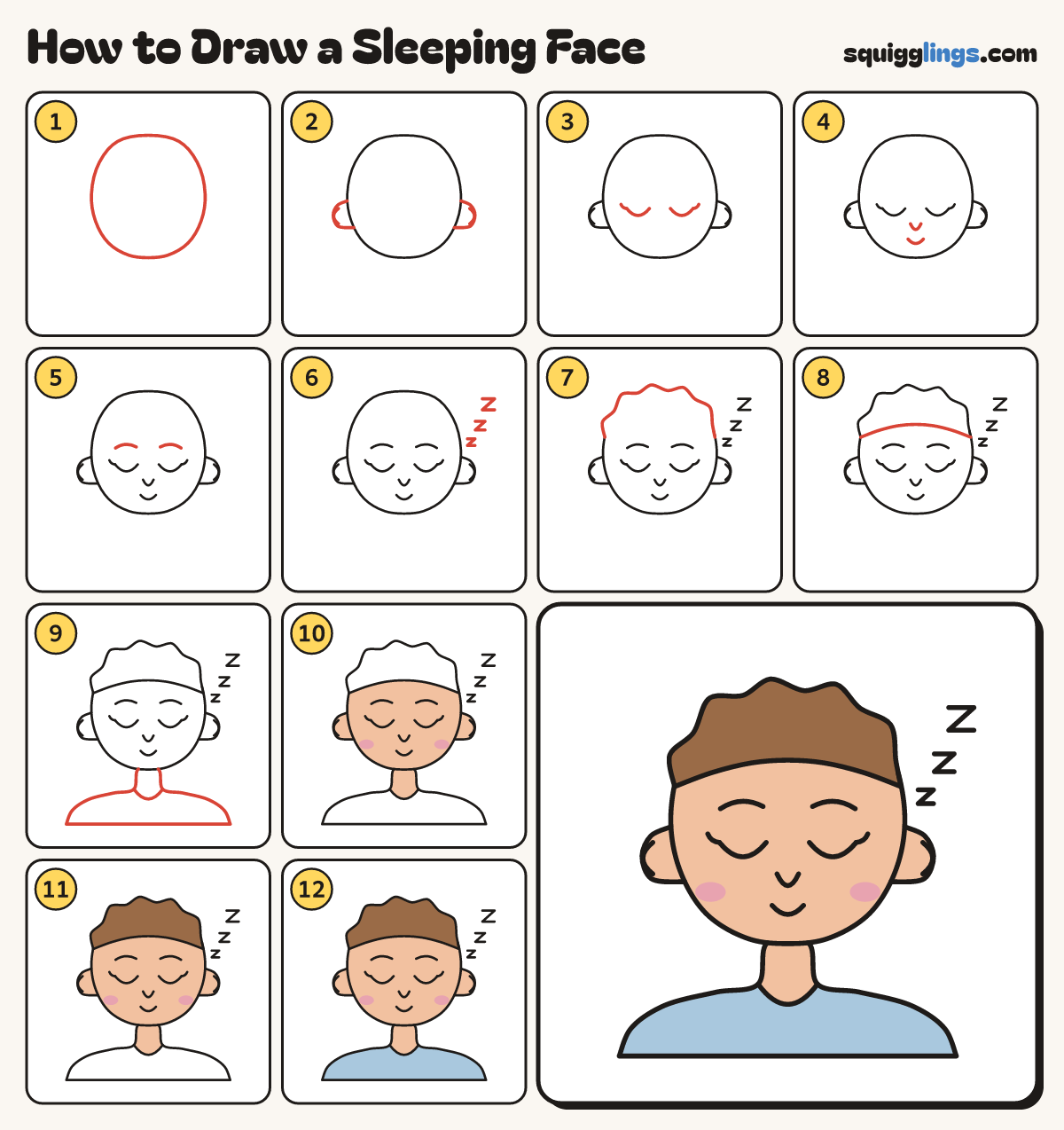 How to Draw a Sleeping Face step by step: all 12 steps in one picture
