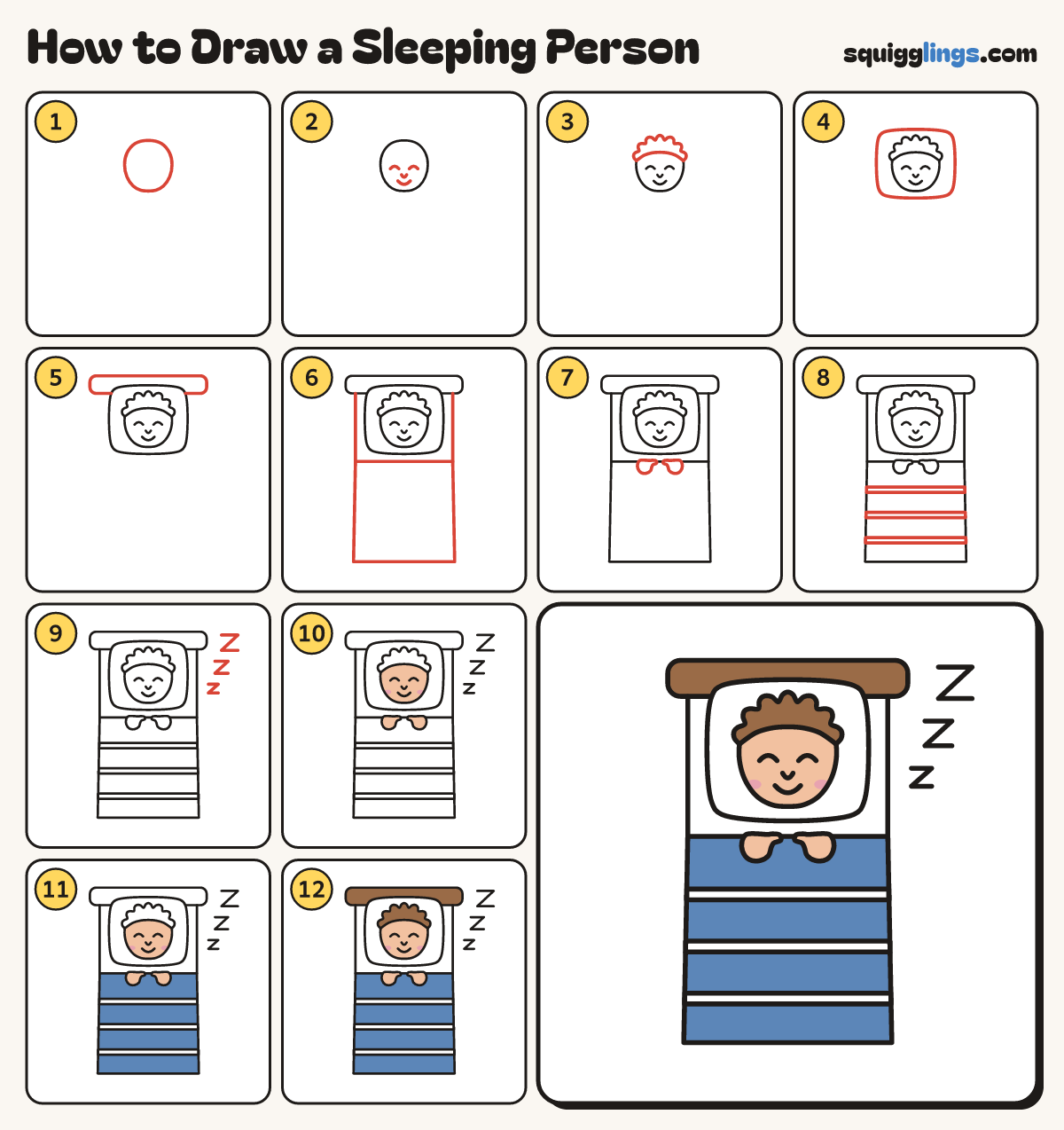 How to Draw a Sleeping Person step by step: all 12 steps in one picture