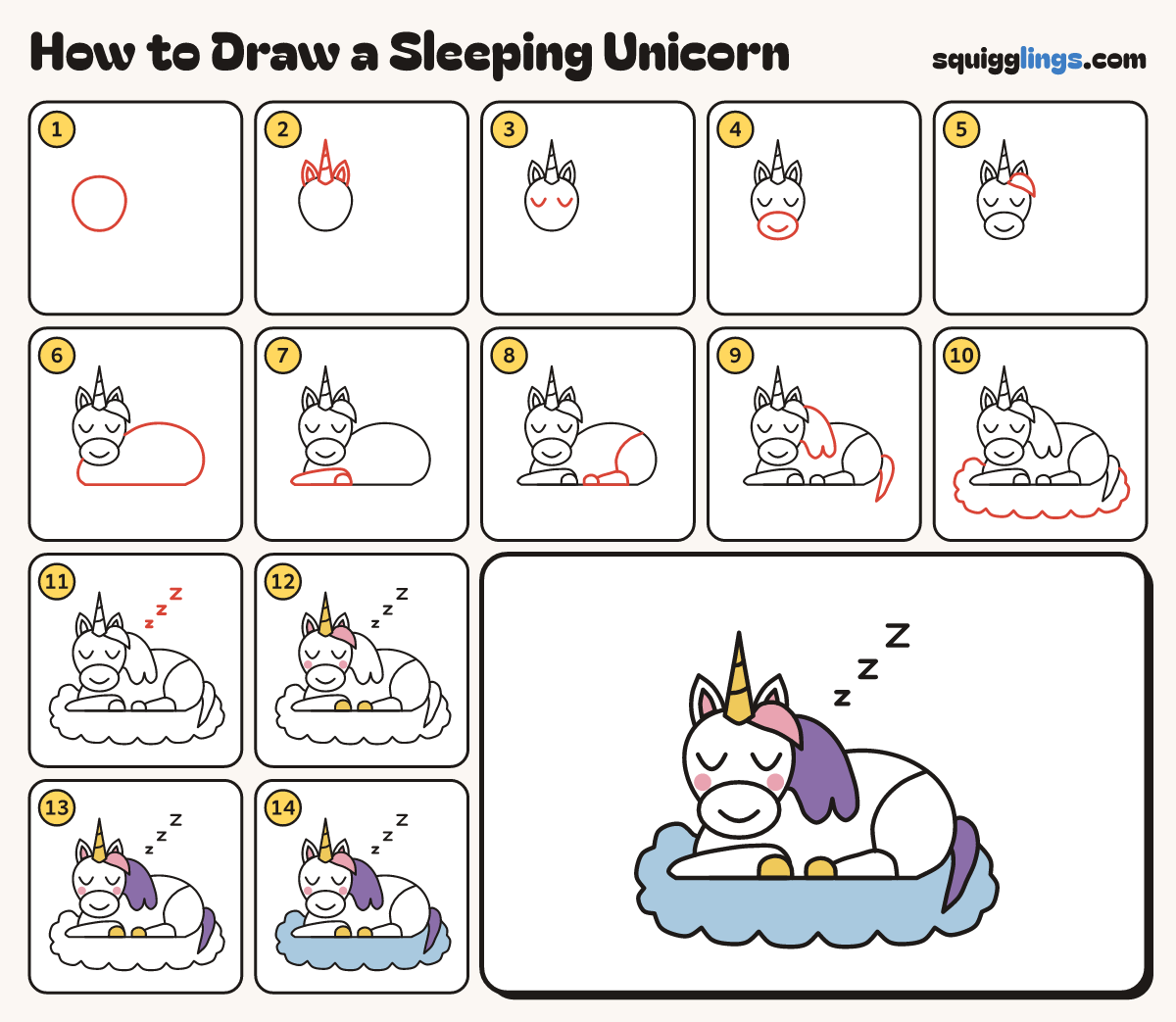 How to Draw a Sleeping Unicorn step by step: all 14 steps in one picture