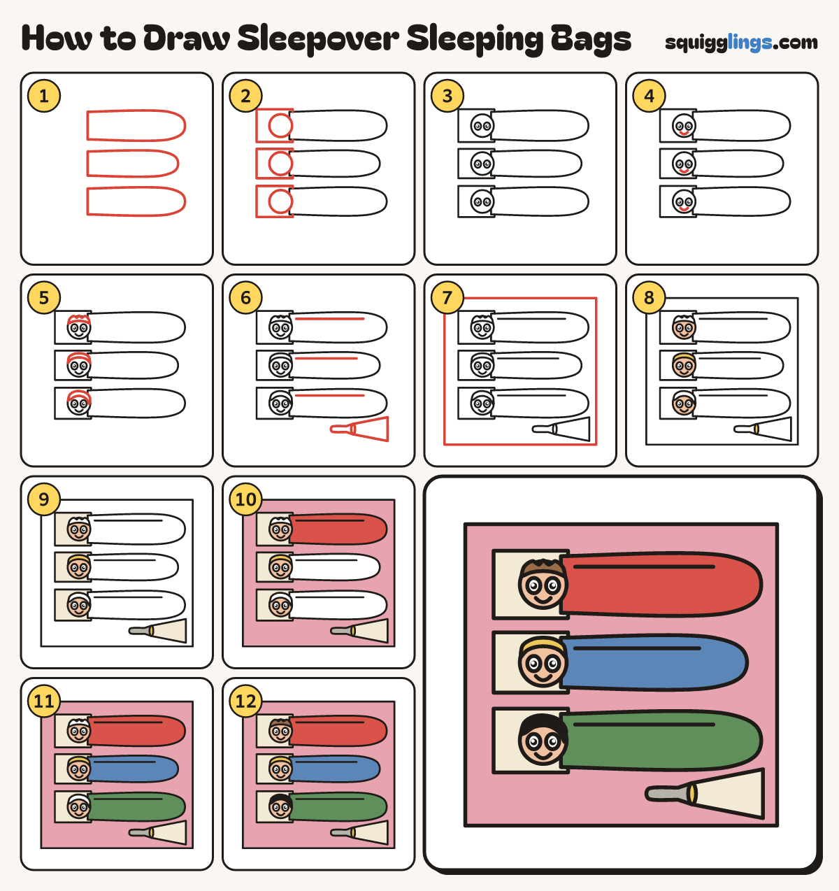 How to Draw Sleepover Sleeping Bags step by step: all 12 steps in one picture