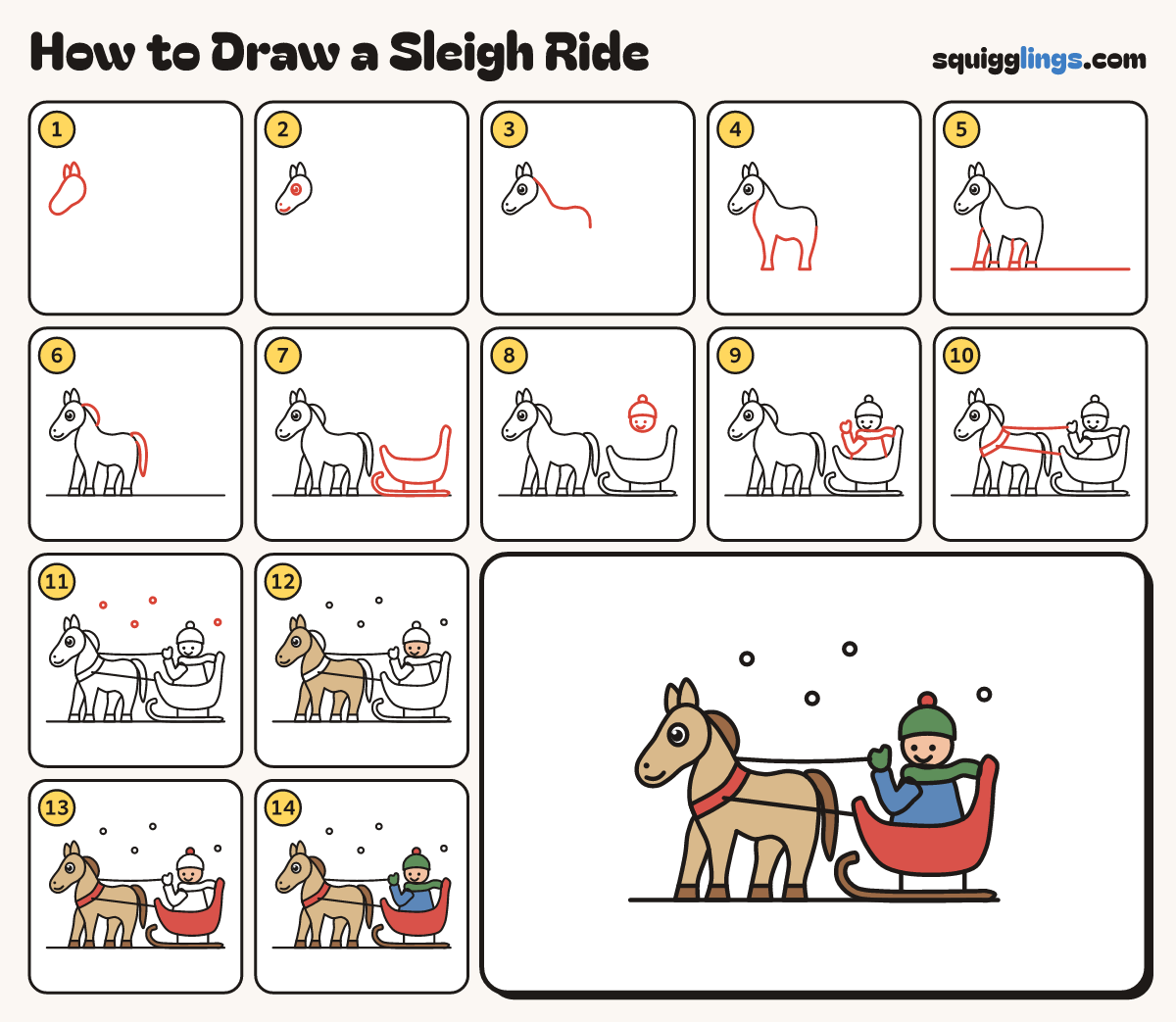 How to Draw a Sleigh Ride step by step: all 14 steps in one picture