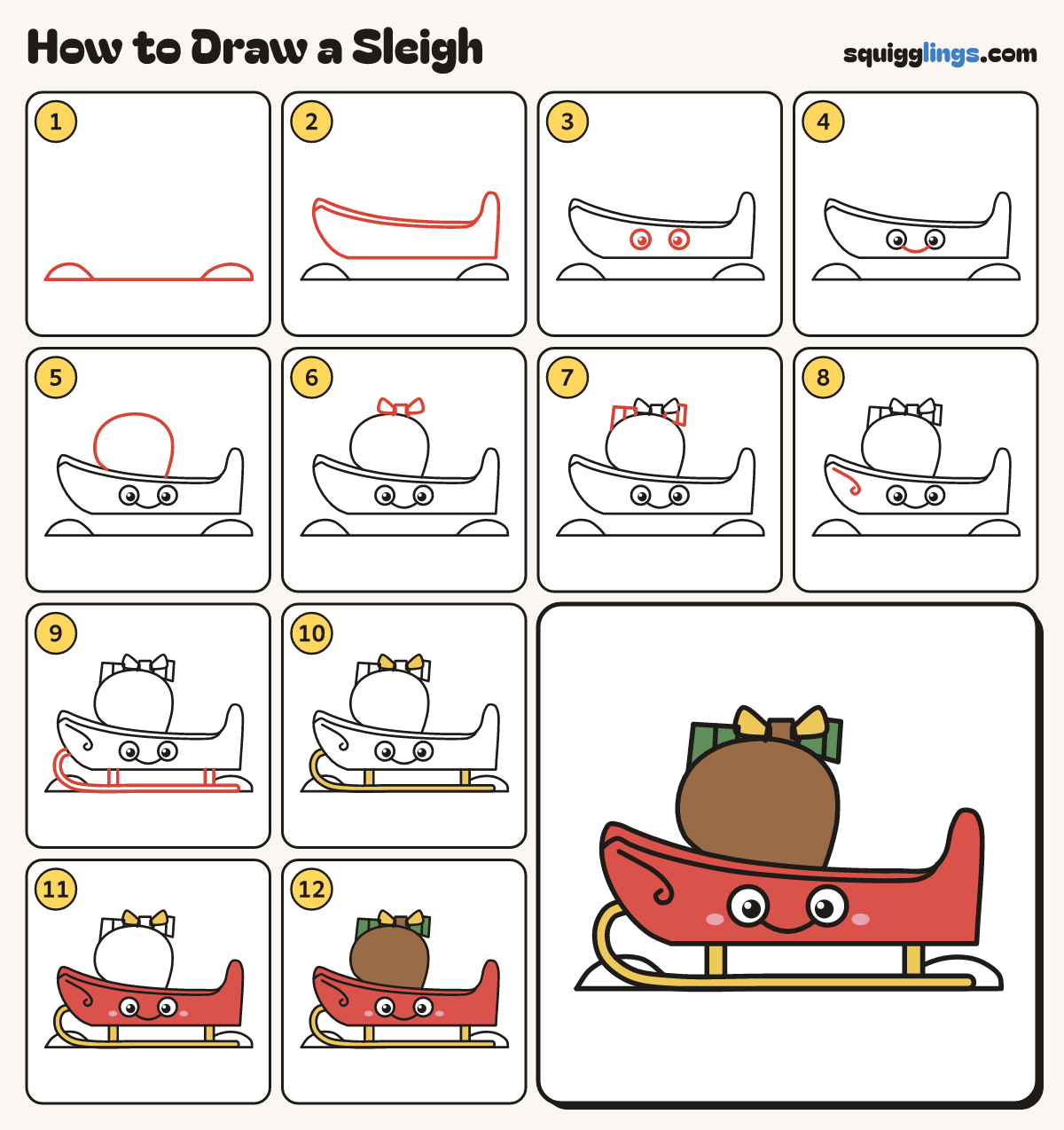 How to Draw a Sleigh step by step: all 12 steps in one picture