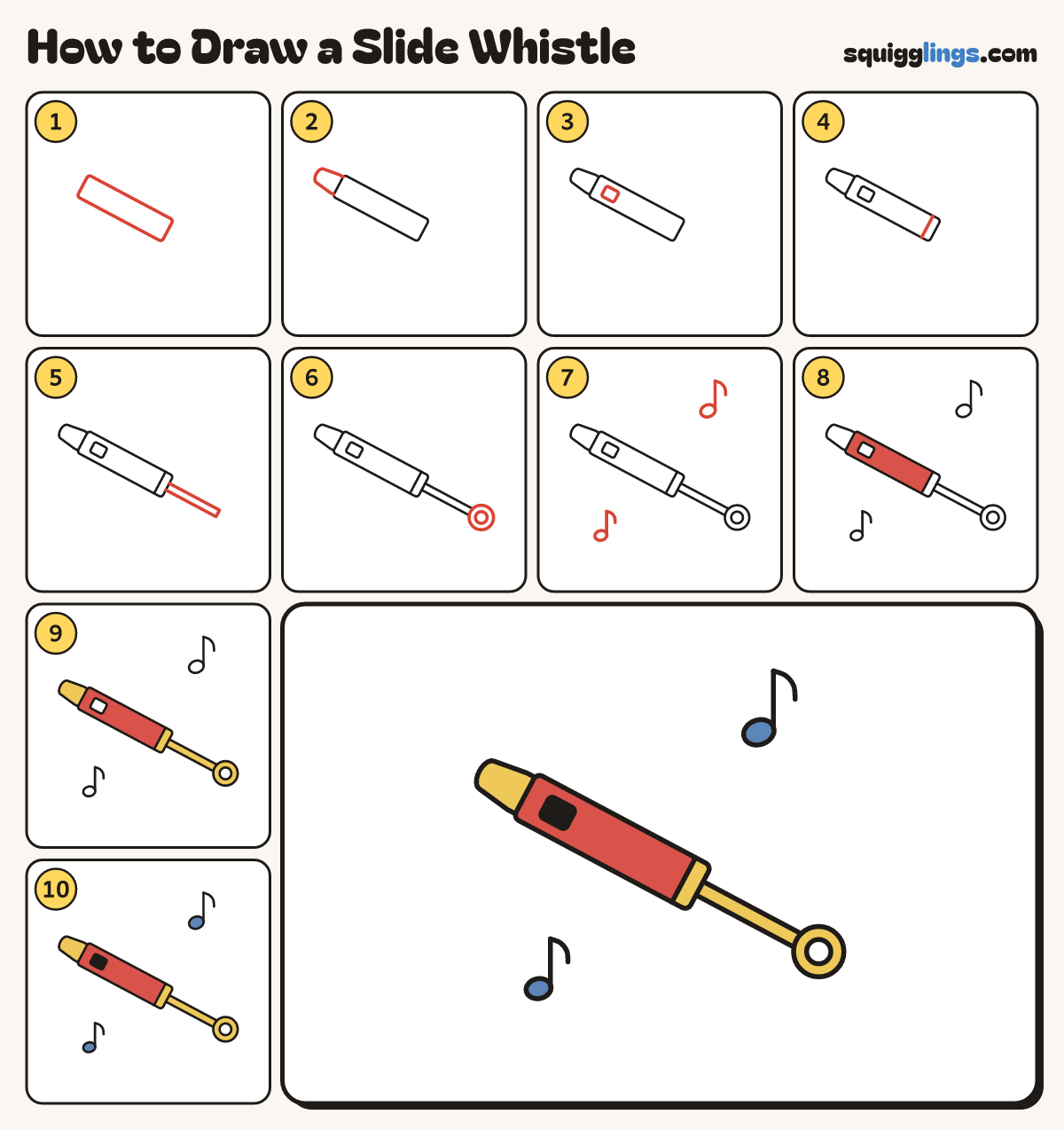 How to Draw a Slide Whistle step by step: all 10 steps in one picture