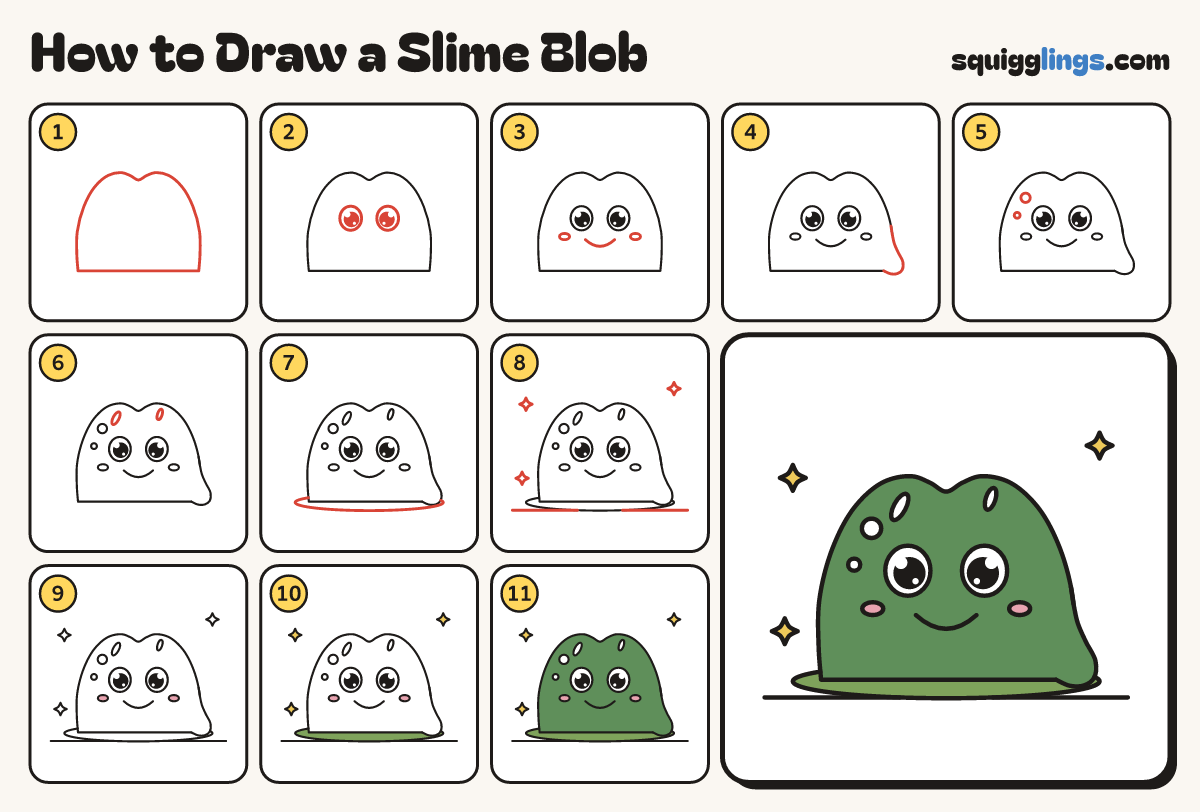 How to Draw a Slime Blob step by step: all 11 steps in one picture