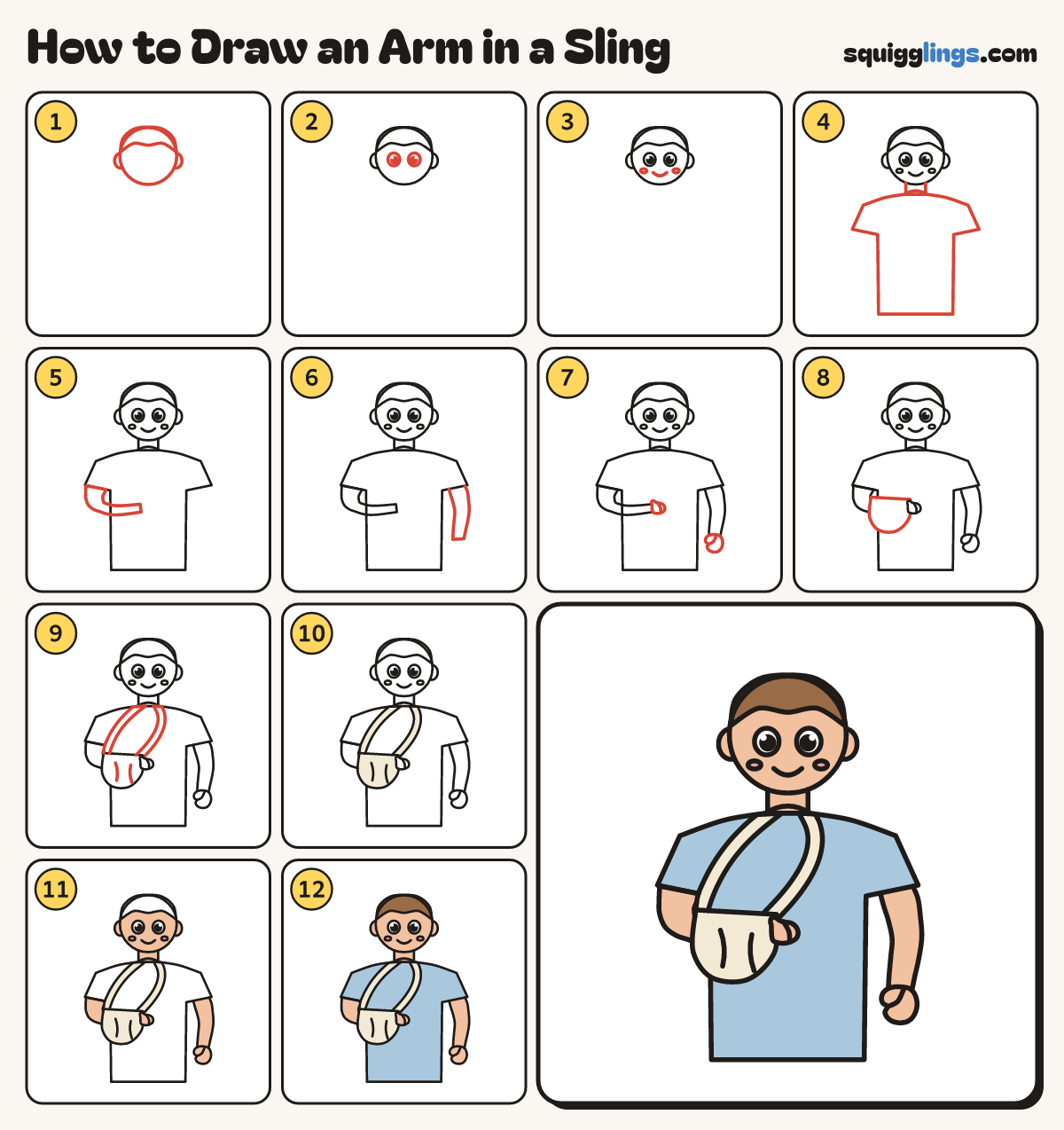 How to Draw an Arm in a Sling step by step: all 12 steps in one picture