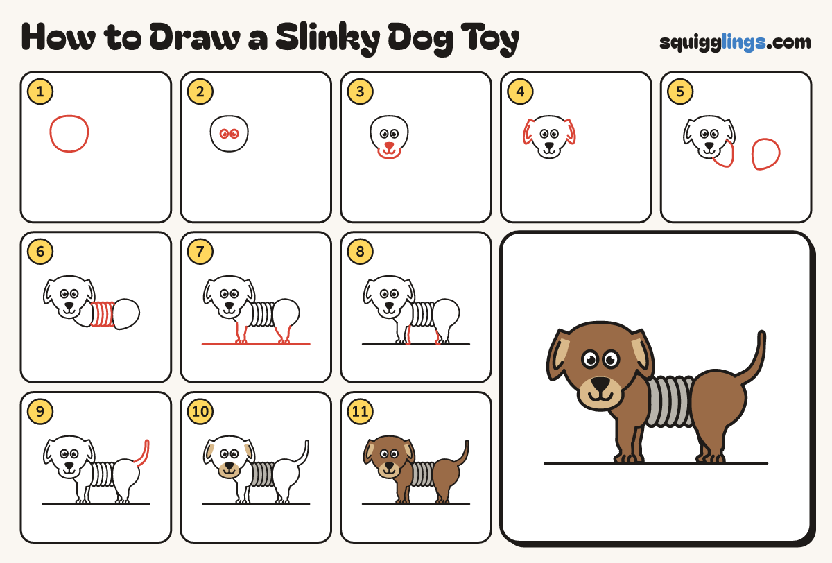 How to Draw a Slinky Dog Toy step by step: all 11 steps in one picture