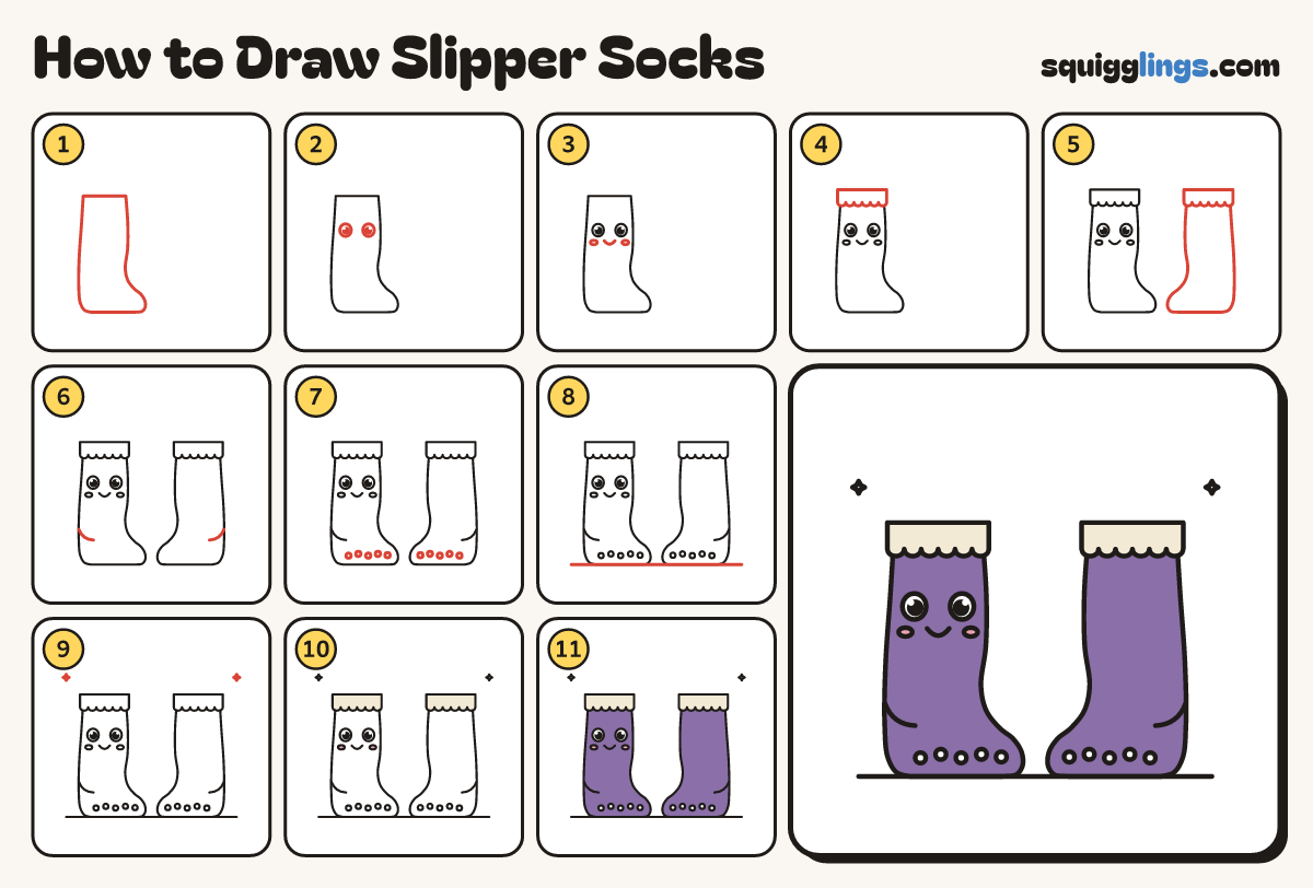 How to Draw Slipper Socks step by step: all 11 steps in one picture