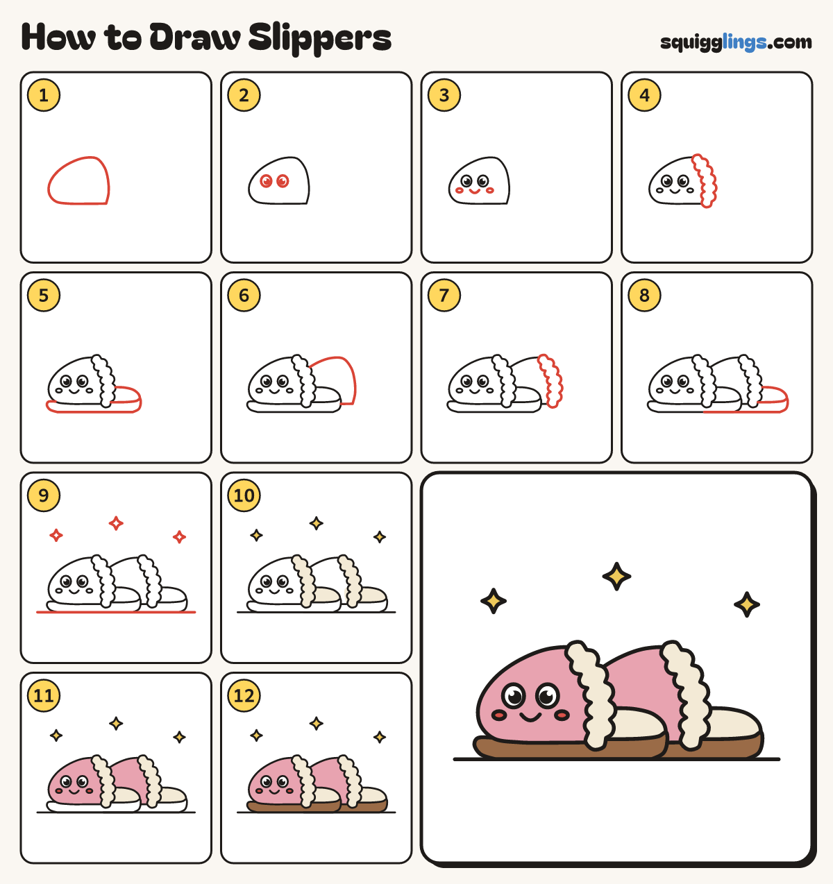 How to Draw Slippers step by step: all 12 steps in one picture