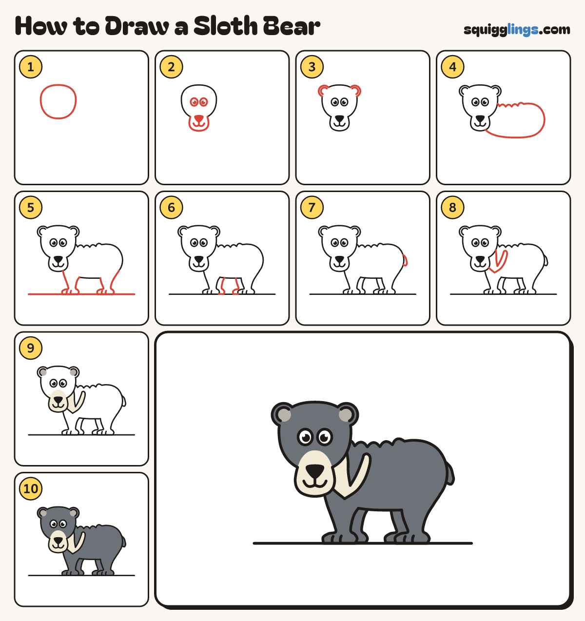 How to Draw a Sloth Bear step by step: all 10 steps in one picture