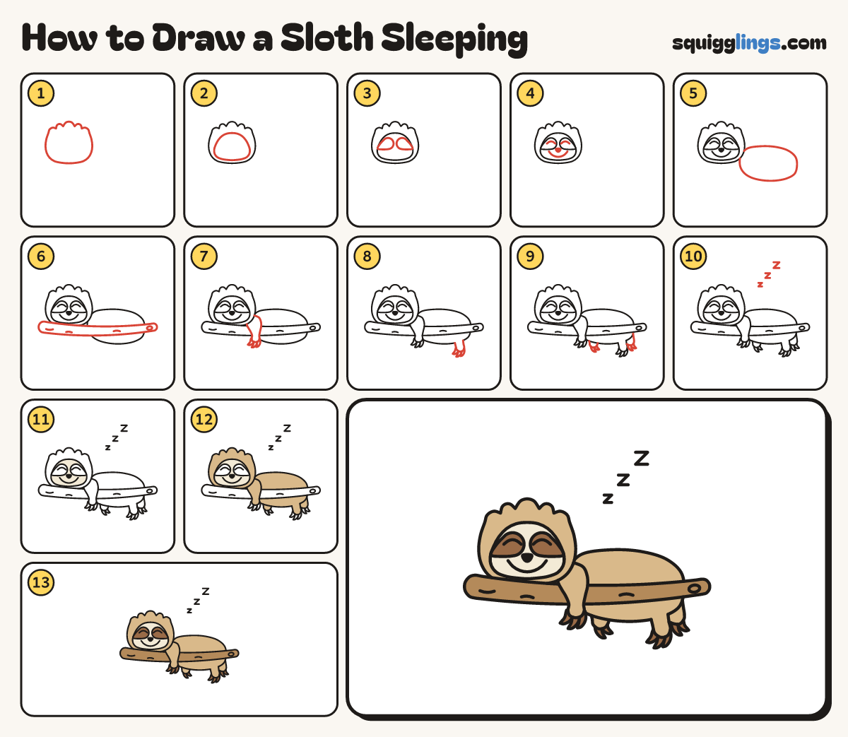 How to Draw a Sloth Sleeping step by step: all 13 steps in one picture