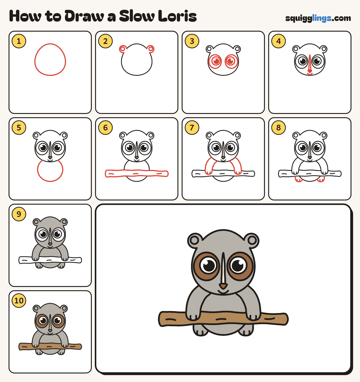 How to Draw a Slow Loris step by step: all 10 steps in one picture