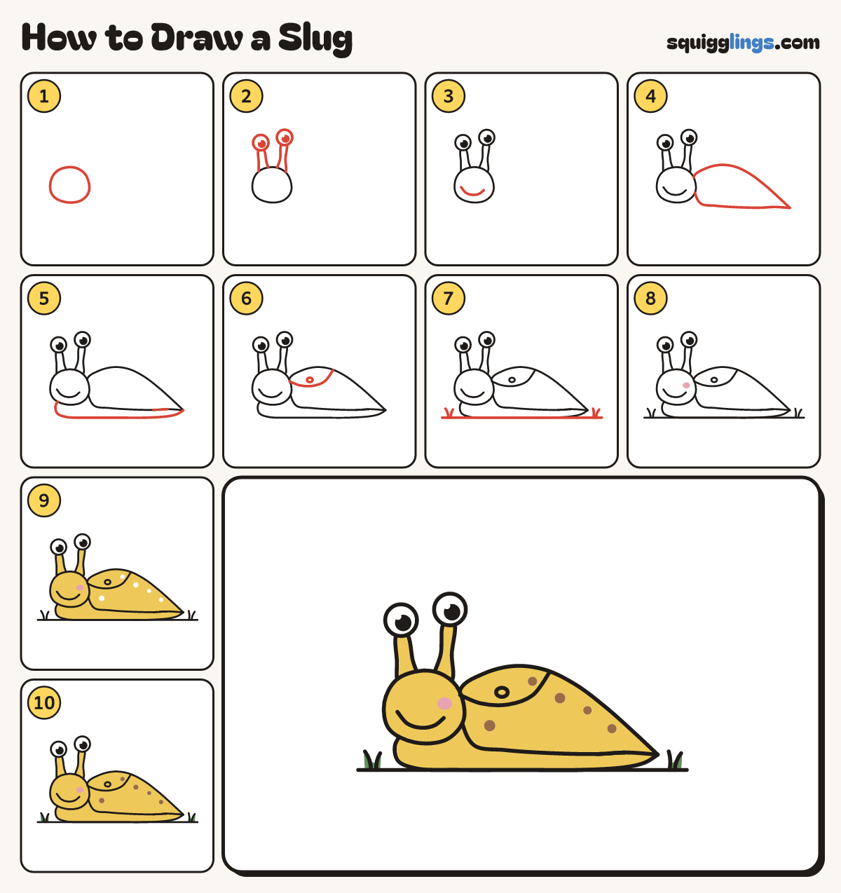 How to Draw a Slug step by step: all 10 steps in one picture