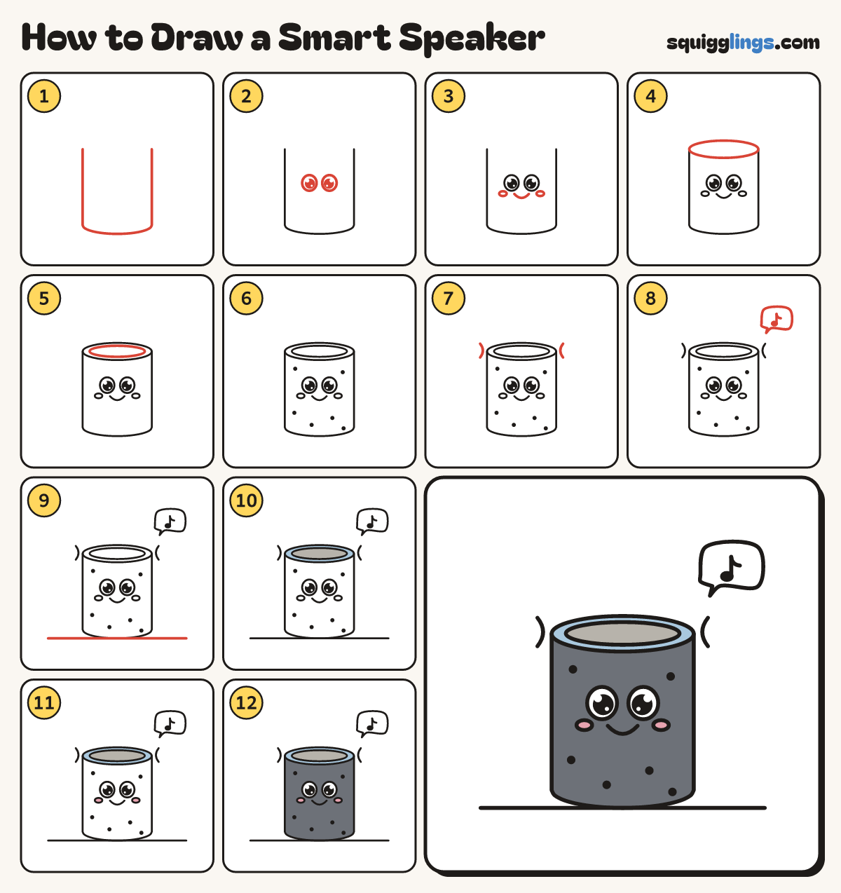 How to Draw a Smart Speaker step by step: all 12 steps in one picture