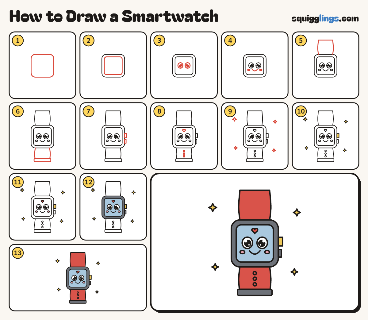 How to Draw a Smartwatch step by step: all 13 steps in one picture