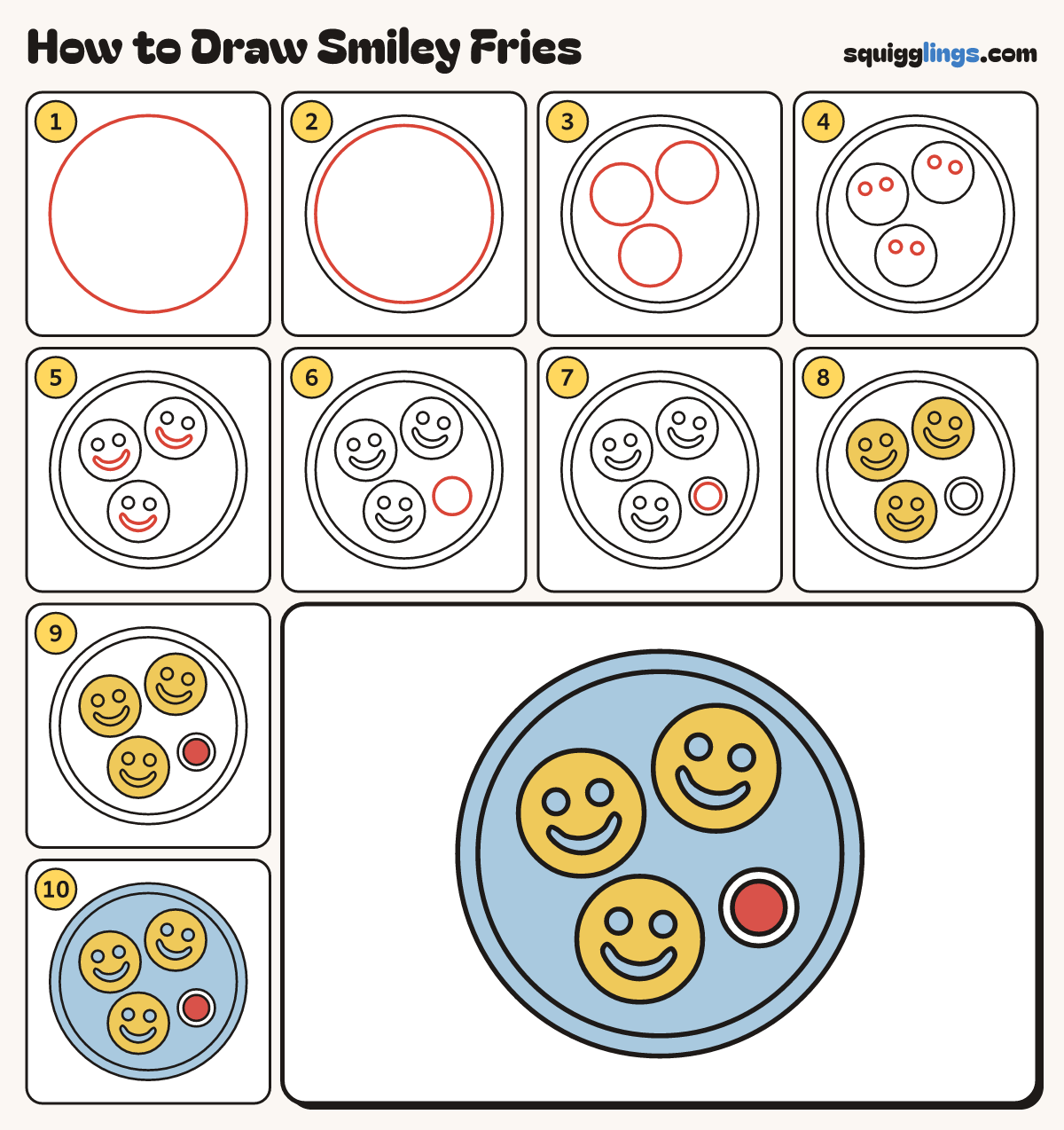 How to Draw Smiley Fries step by step: all 10 steps in one picture