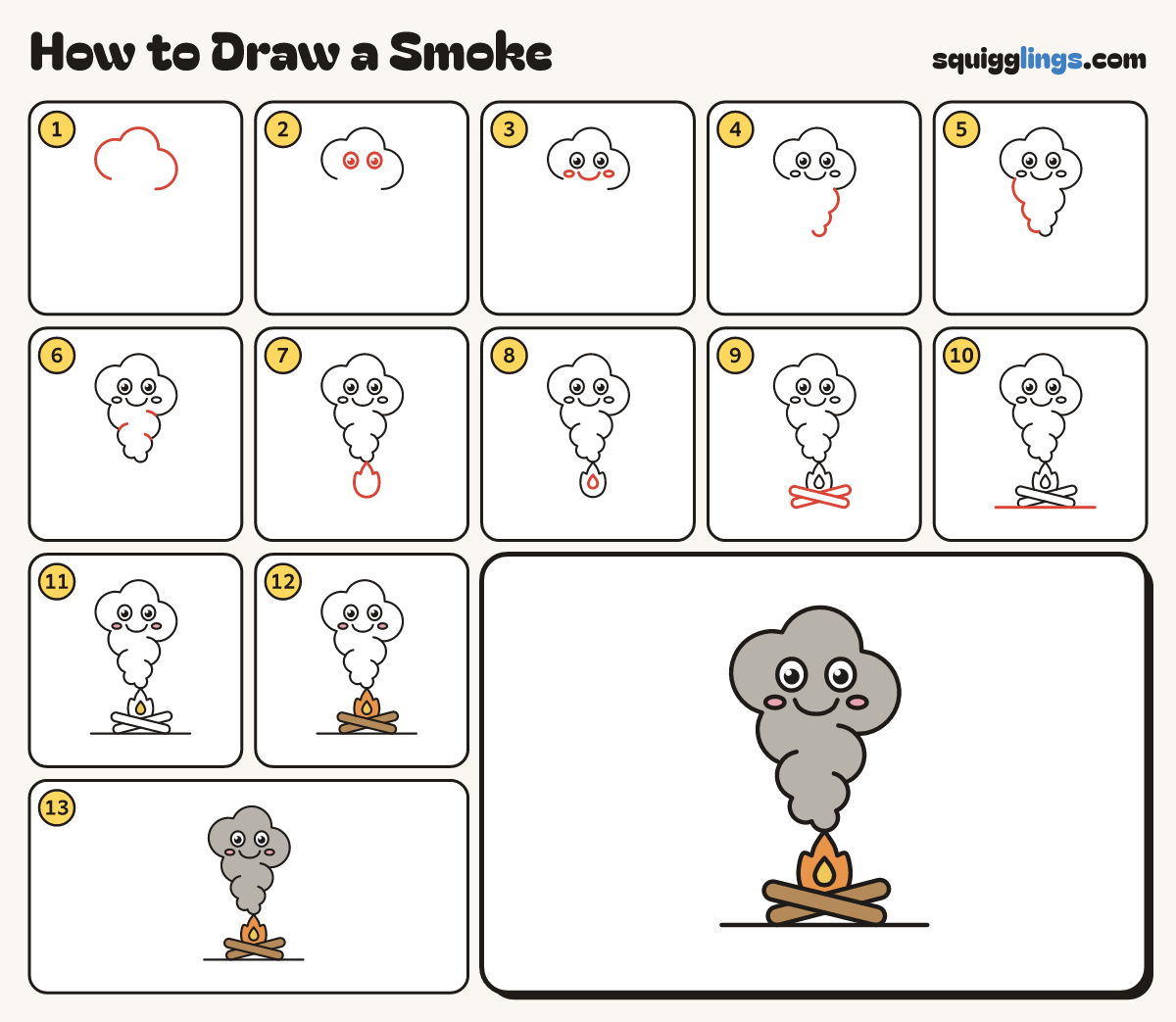 How to Draw a Smoke step by step: all 13 steps in one picture